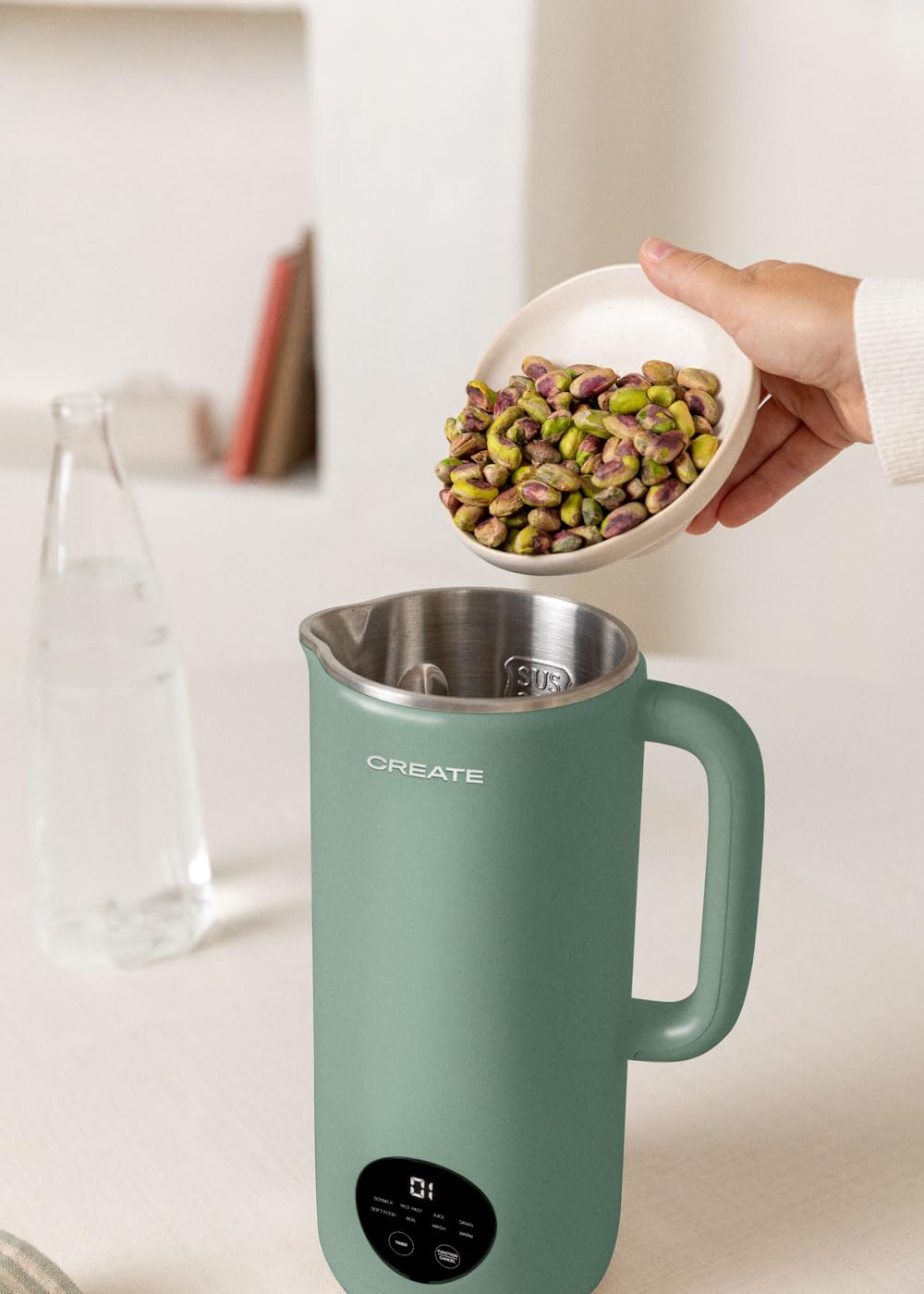 CREATE/VEGAN MILK MAKER/Máquina multifunción para leches vegetales verde sage/Programable hasta 12h, 6 programas automáticos, 800ml, 2 en 1, sin grumos, 600W