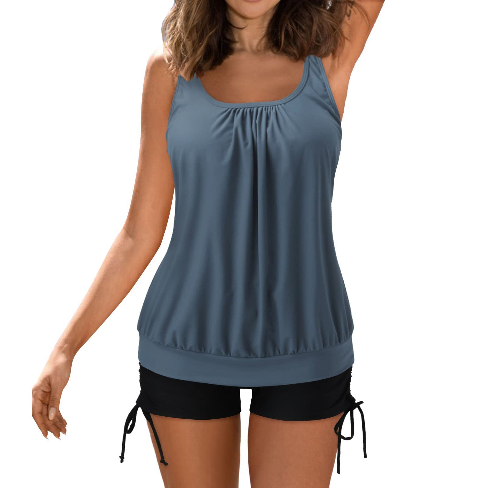 Tankinis Bathing Suits for Women Two Piece Tankinis with Shorts Swimwear Tummy Control Swimsuits Tankini Top Sports Boyshort Ladies Swimdress Swimsuits Tankini Set Plus Size UK Blue XXL