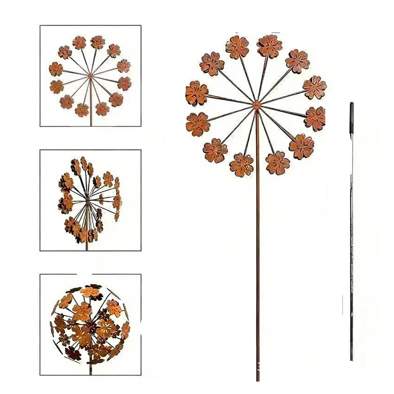 YONMLEDO Metal Flower Stakes 2set Vintage Dandelion Garden Sculptures, 3D Sphere Flower Stakes For Gardening,Rustic Plant Art With Manual Petal Opening(Style B 2set)