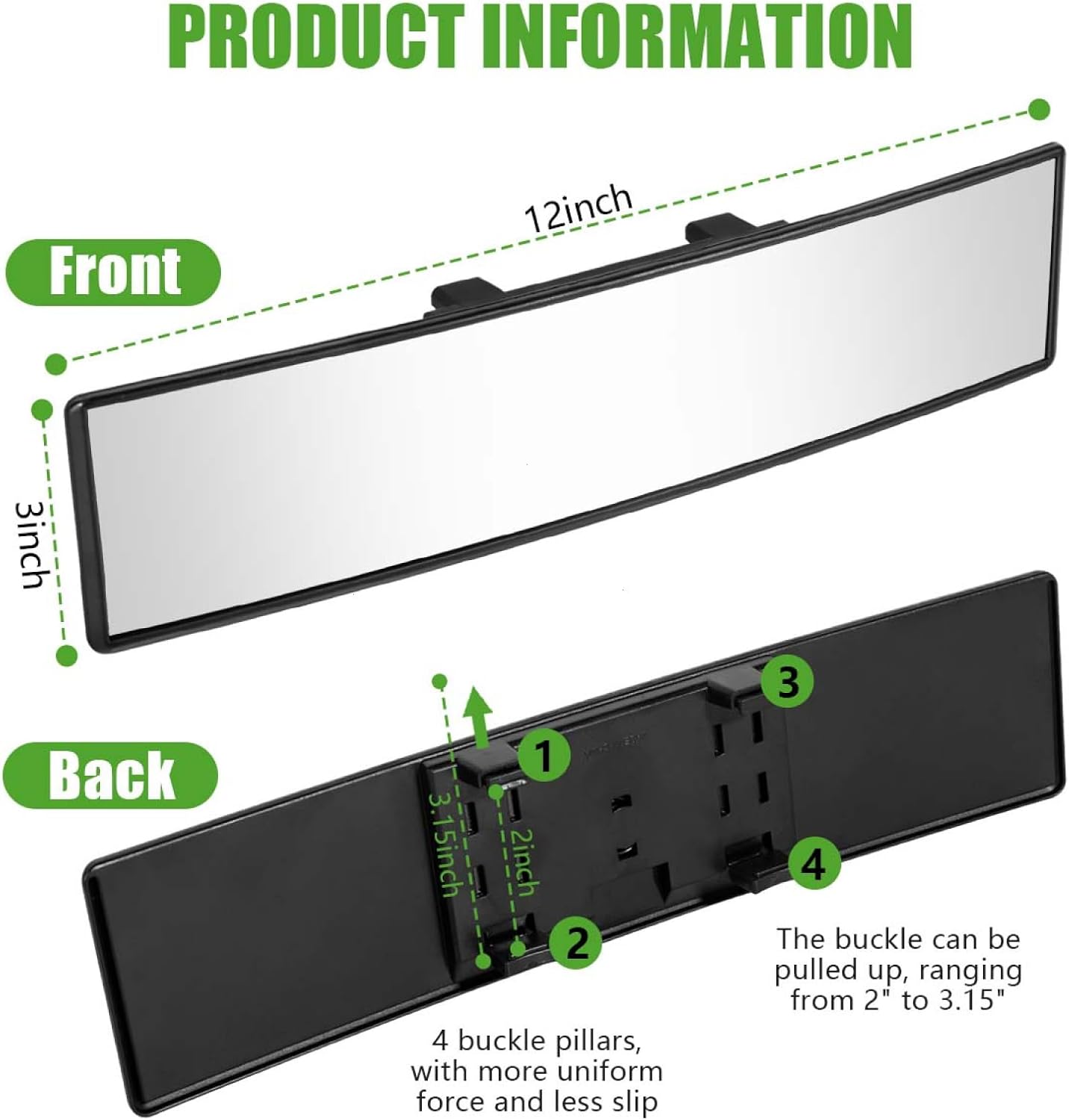 2 Pack Car Rearview Mirror HD Glass 12 Inch Anti Glare Clip On Panoramic Wide Angle Car Interior Rear View Mirror Universal for Cars SUVs Trucks (White)