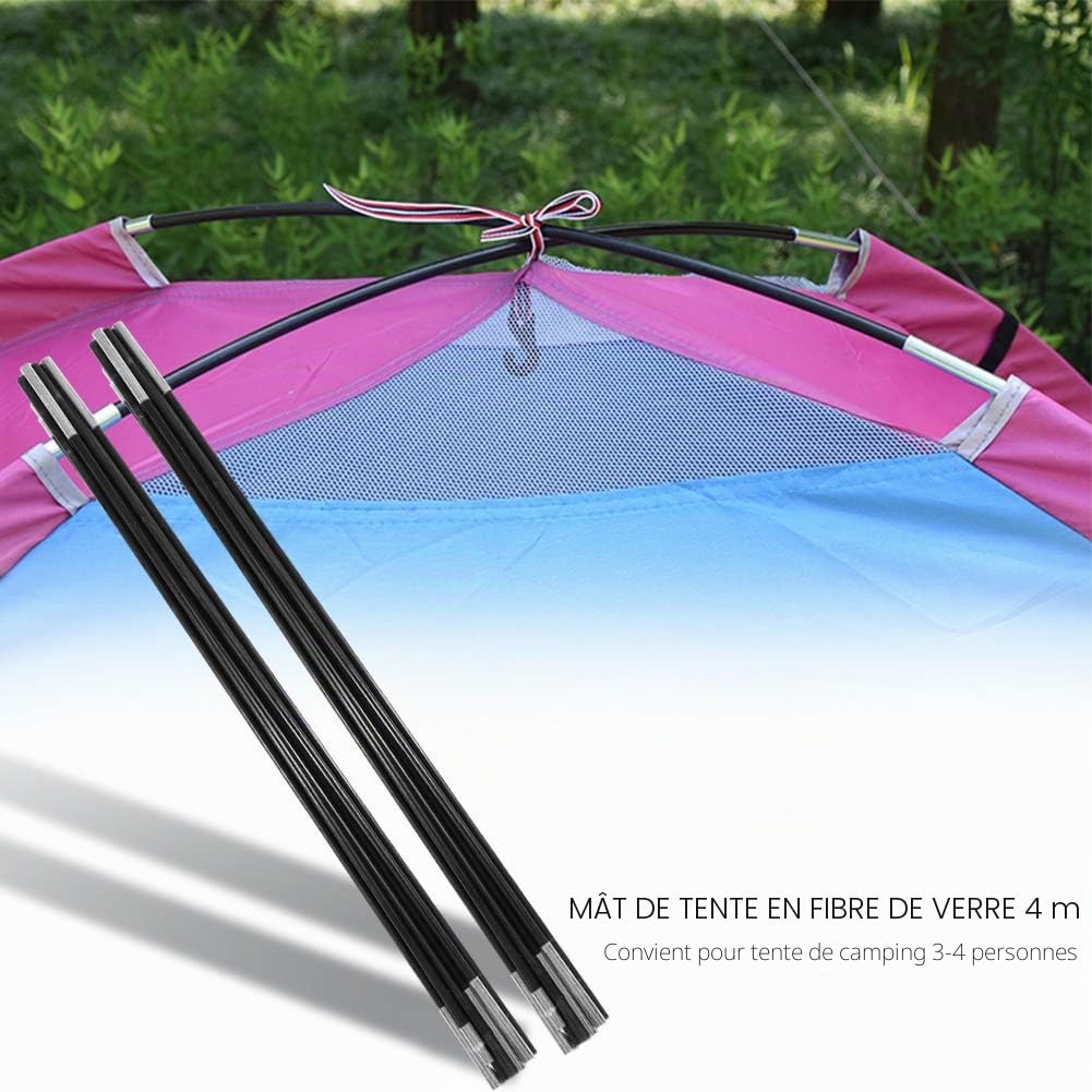 Lot de barres de support de tente en fibre de verre de 4 m - Support pliable pour auvent - Pour le camping et la randonnée