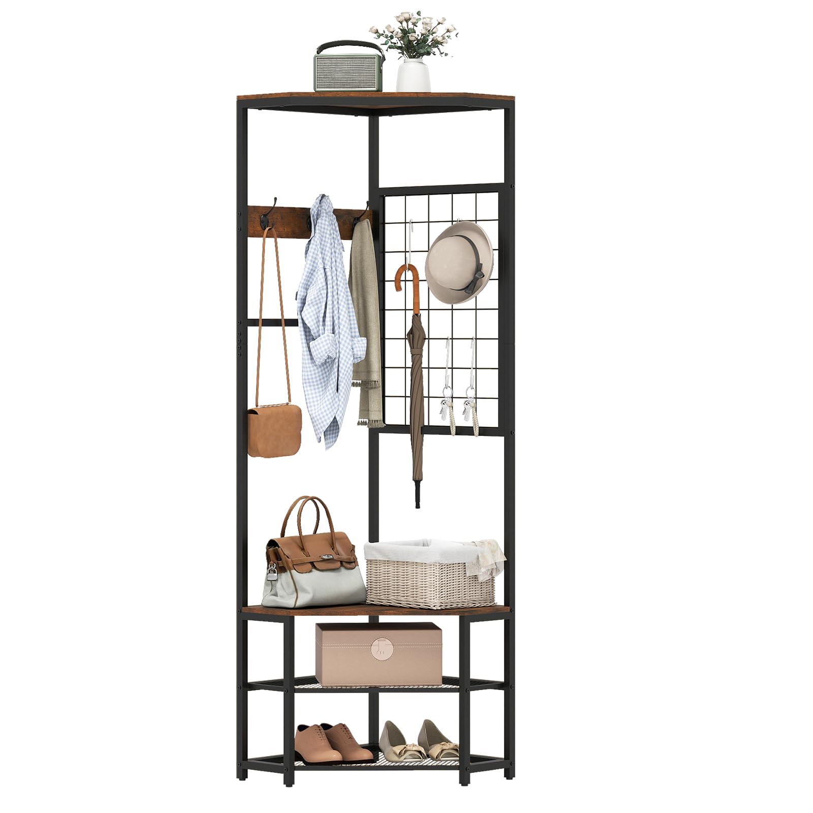 COSTWAY 3 in 1 Eckgarderobe Metall, platzsparende Garderobenständer mit 4 Haken, 2 Schuhregalen & Anti-Kipp-Set, freistehende Kleiderständer für Flur & Schlafzimmer, 49 x 49 x 171 cm