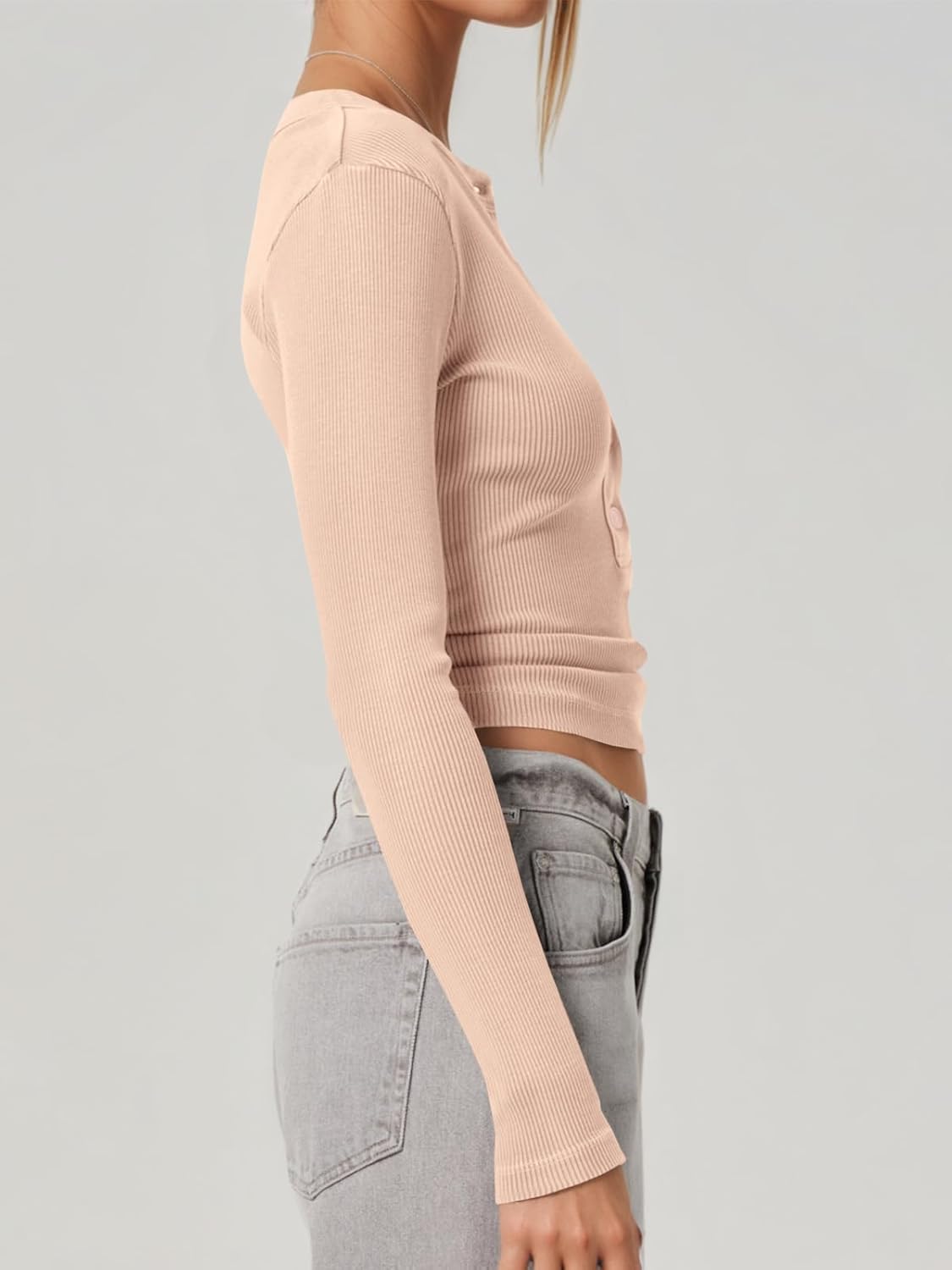 Tankaneo Womens Deep V Neck Tops Ribbed Knit Long Sleeve Henley T-Shirts Fall Slim Fit Going Out Tees - Image 3