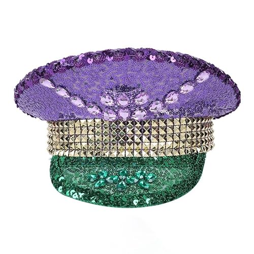 QBJMY Purple Green and Gold Sequin Captain Hat Burning Man Carnival Mardi Gras Hat for New Orleans Costume (Color : M6, Size : M)