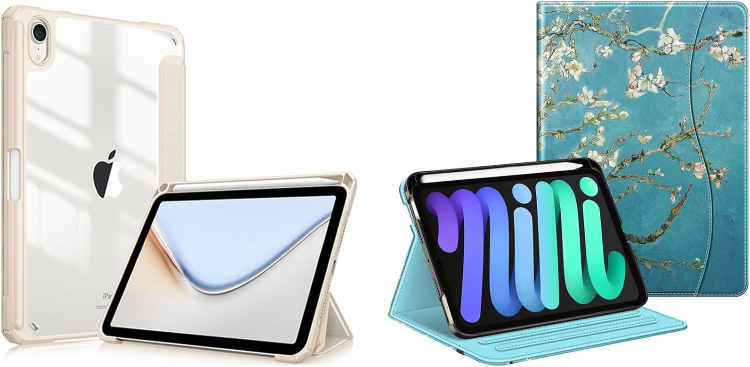 Fintie Bundle: Hybrid Slim Case for iPad Mini (A17 Pro) 2024 / iPad Mini 6, Clear Transparent Back Shell + Multiple Angle Folio Case Smart Stand Cover w/Pencil Holder & Pocket for iPad Mini 7/Mini 6