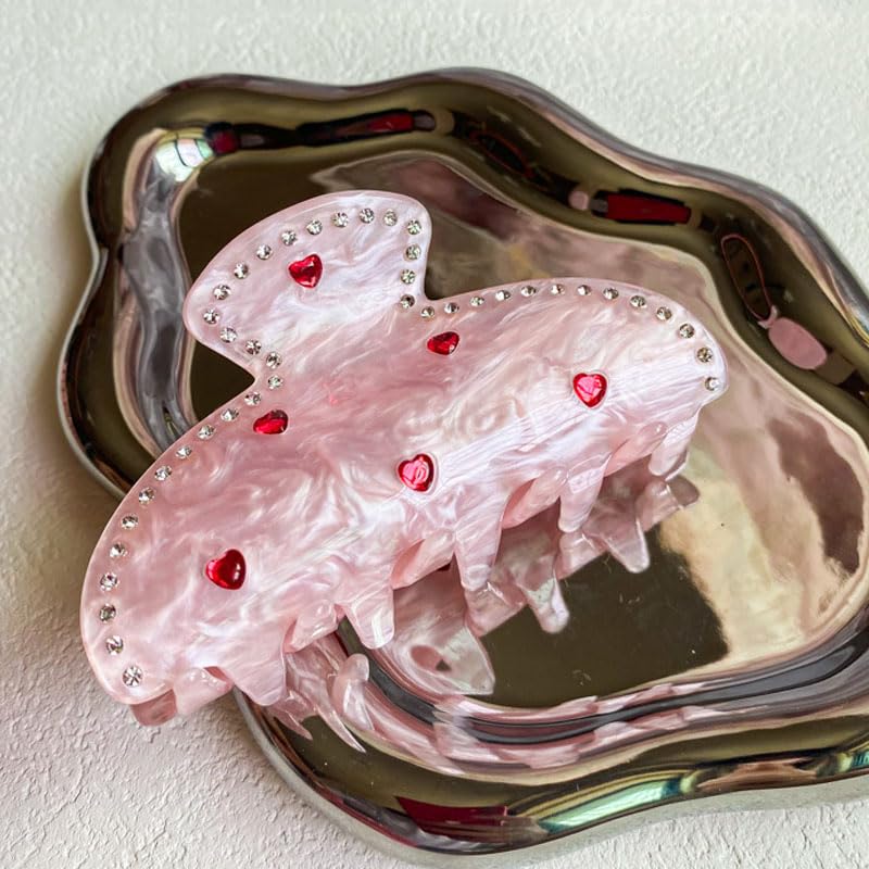 1 Pack Valentine's Day Hair Claw Clips Pink Hair Clips with Red Heart Rhinestone Valentines Hair Accessories Fashion Strong Hold Hair Claw Clips Crystal Diamond Unique Design Claw Clips for Women Girl - Image 3