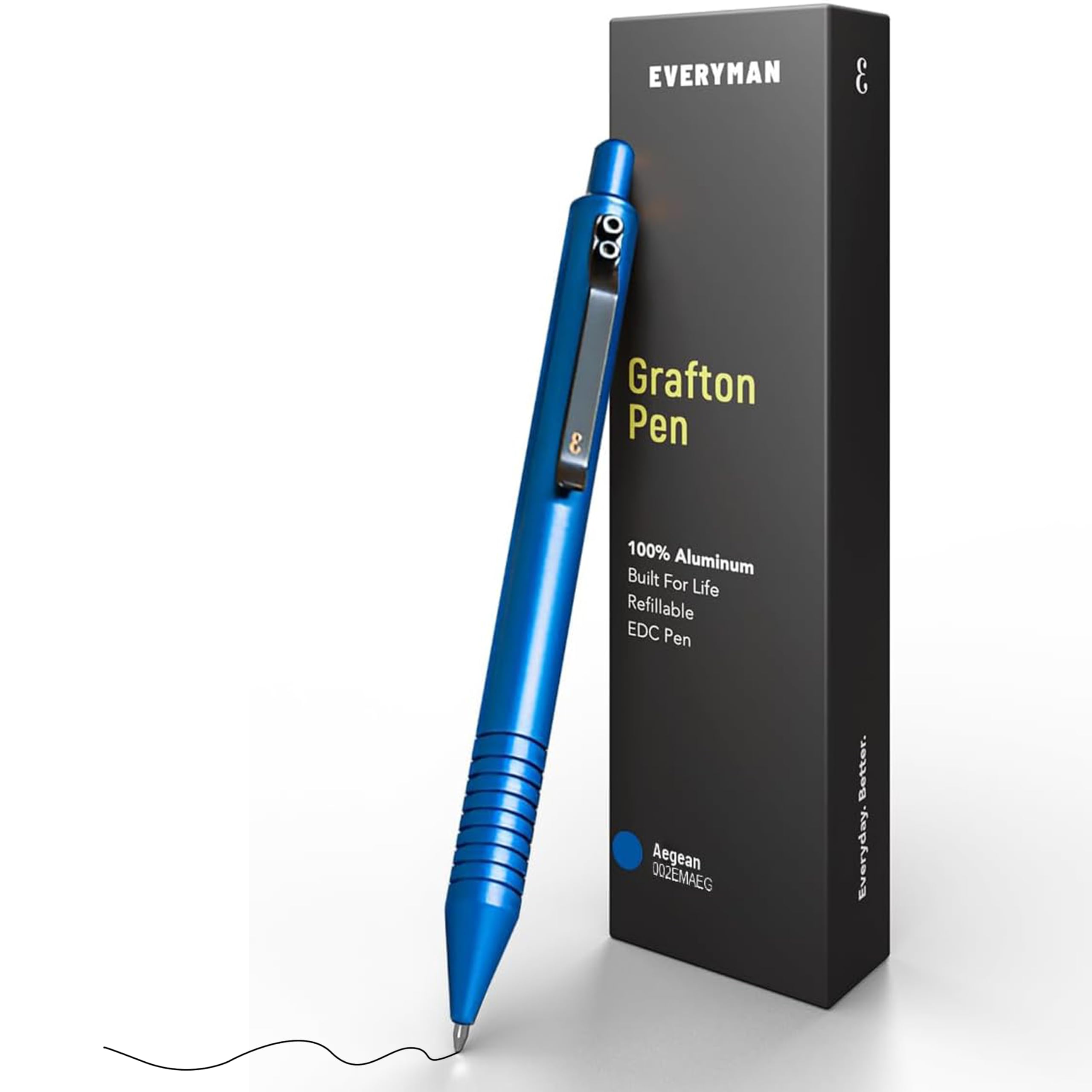 Everyman Aegean Grafton Full Click Refillable 0.7mm Gel Ink Pen | Sleek Anodized Aluminum EDC Pen with Deep Grooved Grip | Smooth Writing Pocket Pen