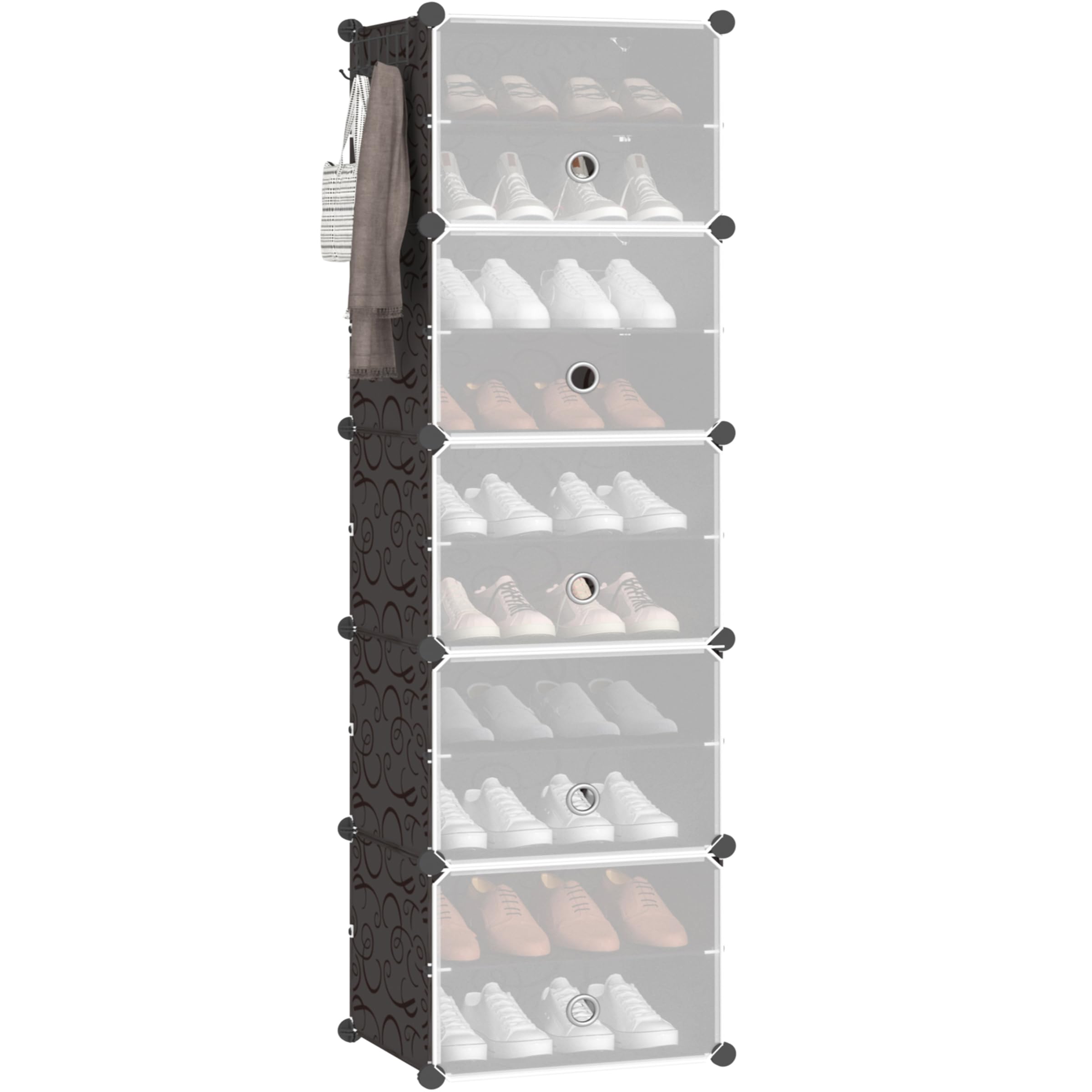 Lxvckly Shoe Rack, 10-Tier Tall Shoe Storage Cabinet with Doors & Hooks, Vertical Freestanding Shoe Organizer Holds 20 Pairs, Space-Saving for Entryway, Closet, Hallway, Garage, Cloakroom Black