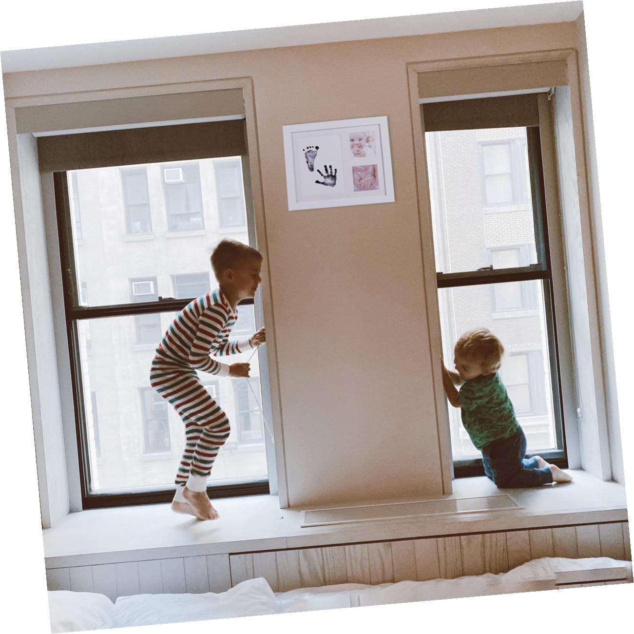 Handprint and Footprint Photo Frame for Nursery Decor, White Pp Plastic Growth Record Holder with Creative Fingerprint Display for Memories