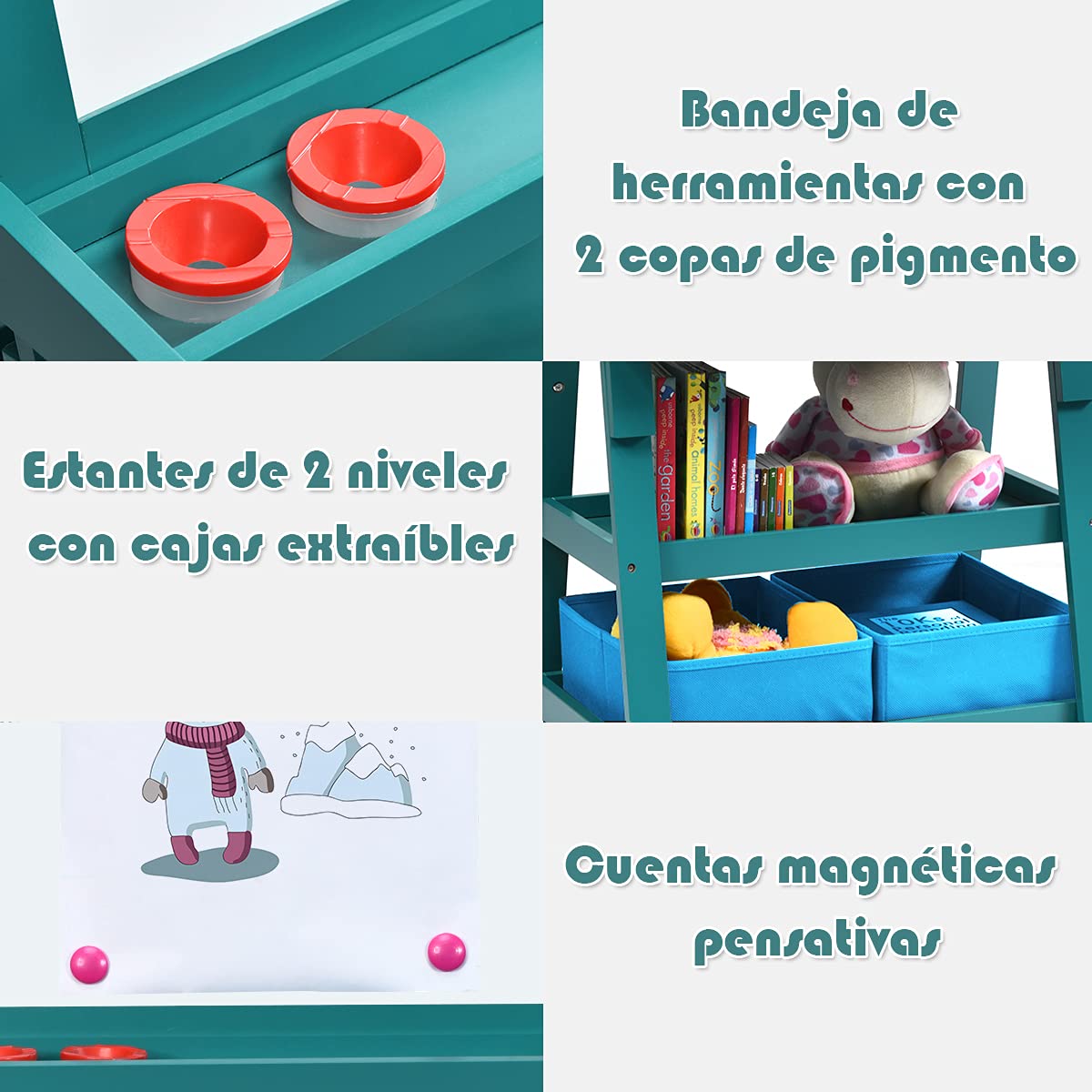COSTWAY Pizarra de Doble Cara para Niño Caballete de Infantil Tablero de Pie con 2 Cajas de Almacenamiento,Rollo de Papel y Estantes (Azul)