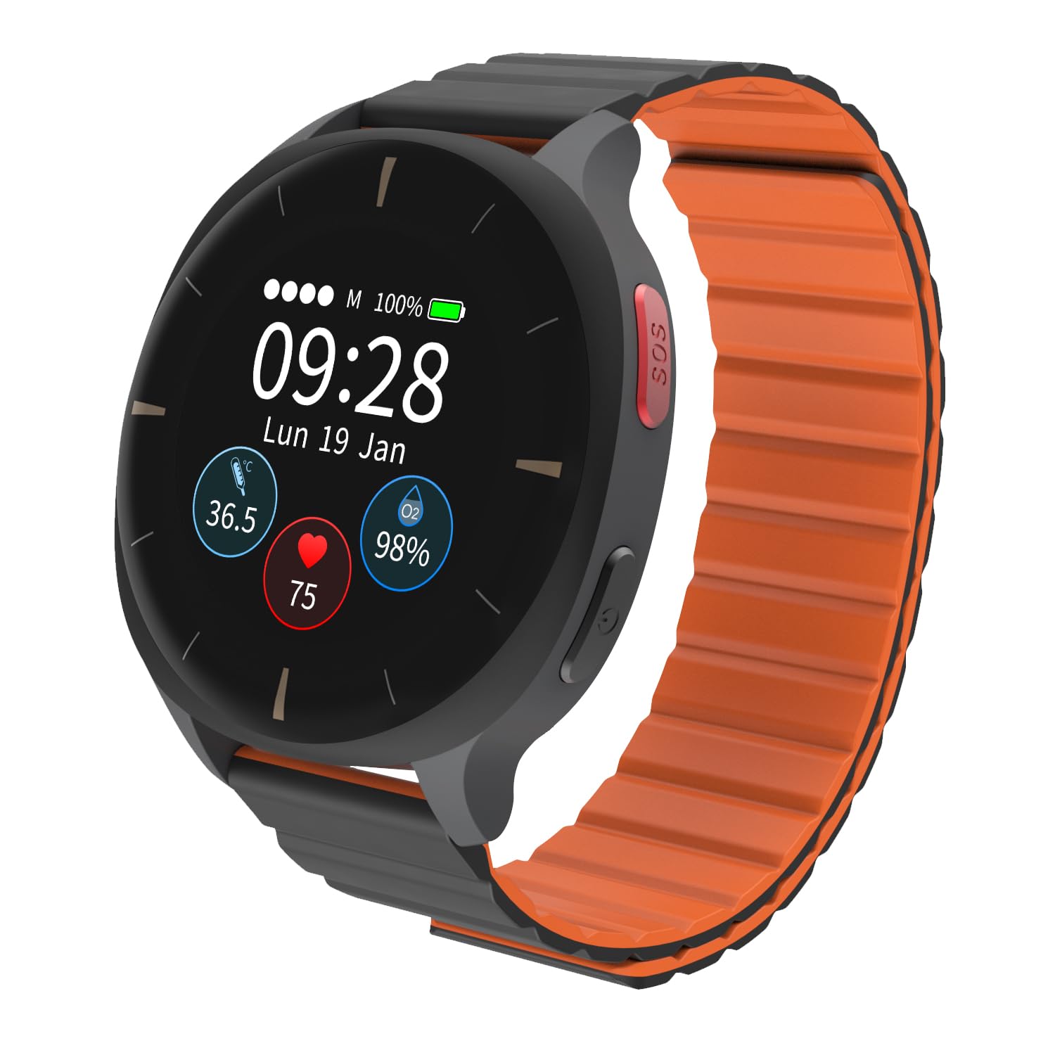 Audar E2 - Montre Connectée Senior avec Détection de Chute et SOS - Surveillance 24/7 Tension Artérielle/Fréquence Cardiaque/SpO₂/Température, Rapports Bien-être par IA, Fonctionne sans Portable/App