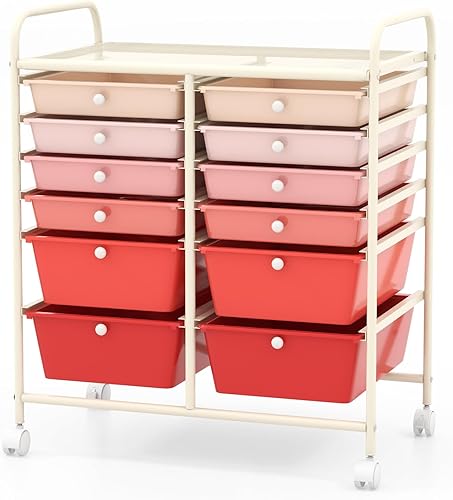 Miniatura 10 de COSTWAY Carrito de almacenamiento con ruedas de 12 cajones, organizador de manualidades movible con ruedas bloqueables, estante de metal,