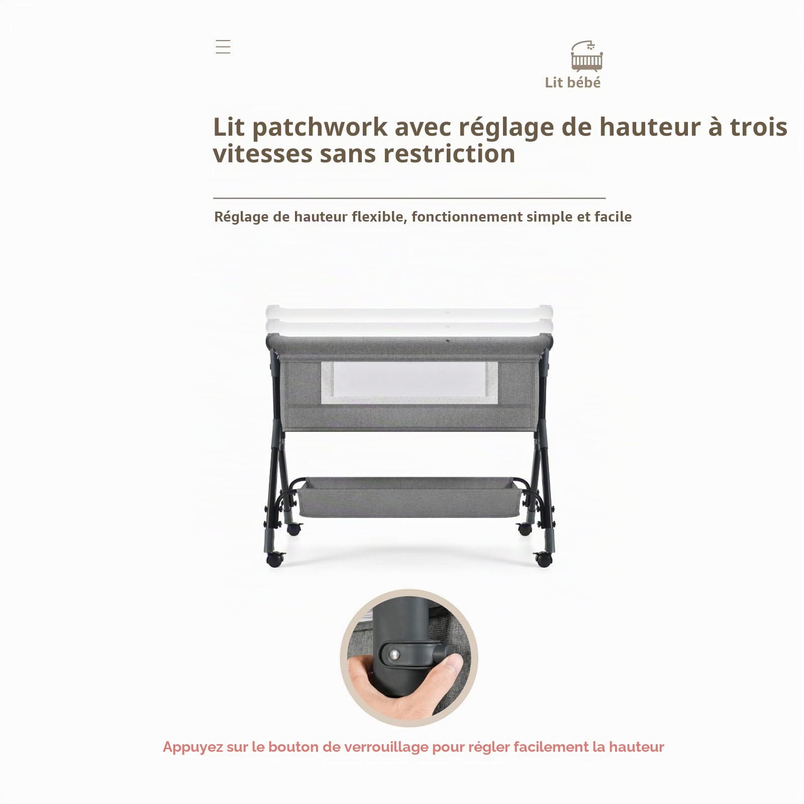 Magic ZC Lit Cododo Bebe, Convertible Cododo Berceau Bébé Co-Sommeil, Livré avec Un Grand Panier de Stockage et des Roues Mobiles, Pliable Lit Bebe avec Matelas (X3 Khaki)