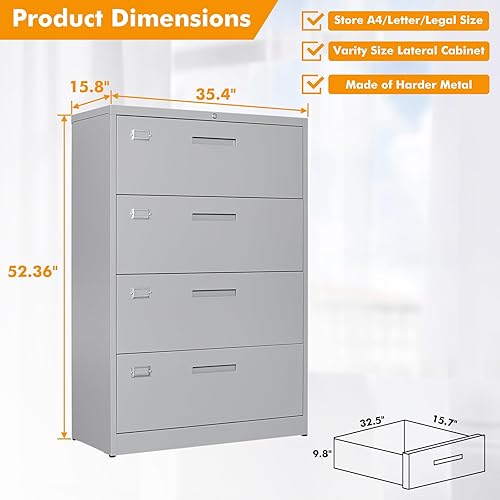 Miniatura 3 de STANI Archivador de 4 cajones con cerradura, 4 cajones de acero para organización de archivadores anchos, archivador lateral de acero para colgar