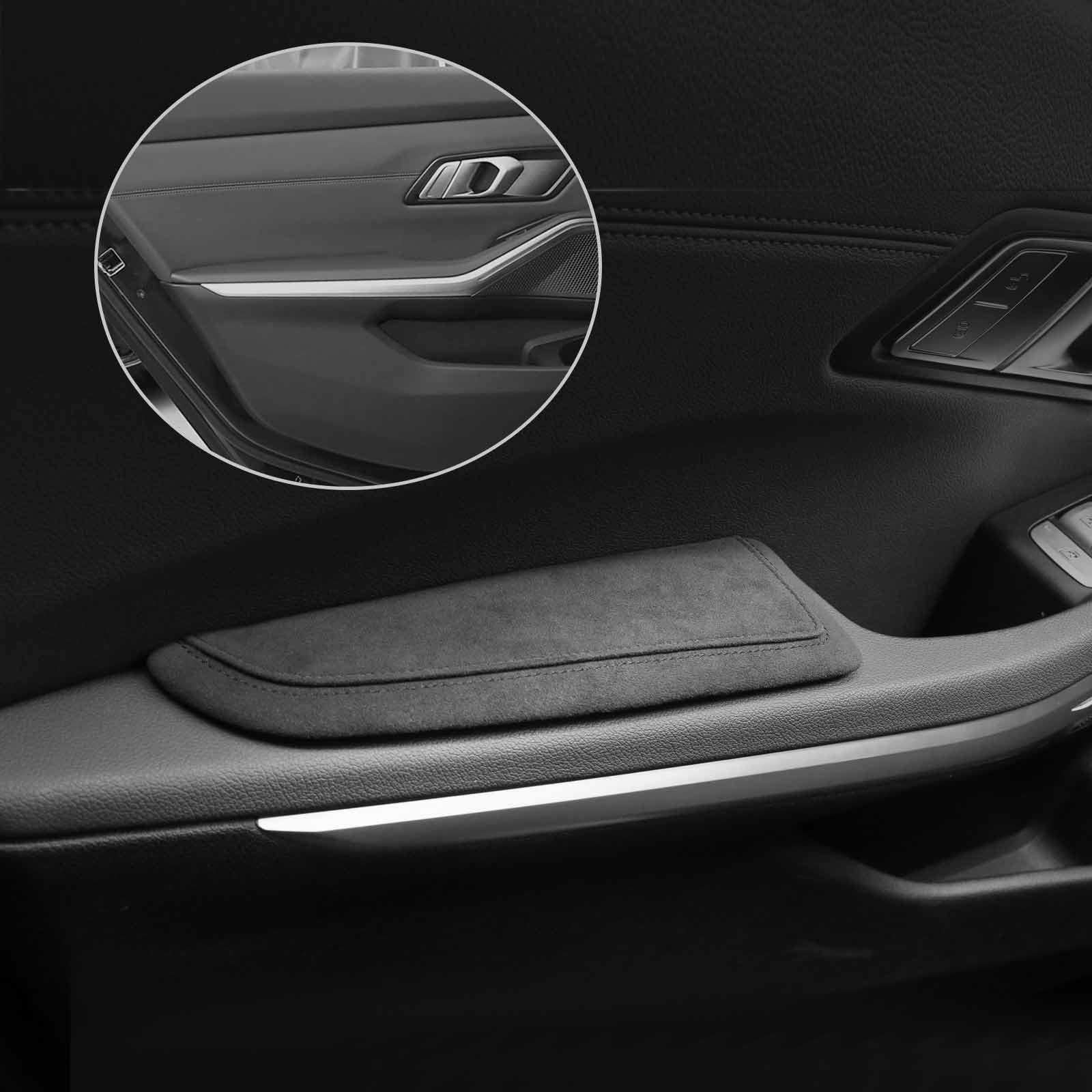 BETTERHUMZ Poduszka na podłokieznik drzwi samochodowych z Alcantara, podkładka pod podłokietnik do BMW 3 4 5 6 7 8 X1 X3 X4 X5 X6 Z4 Seria akcesoriów samochodowych (Lewa, Czarna linia)