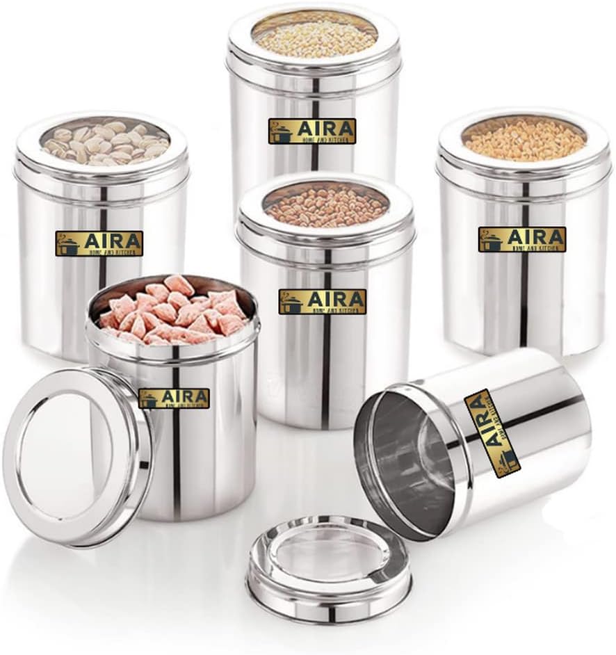 AIRA 500gms Stainless Steel Containers for kitchen with See Through Lid | Kitchen Containers Set | Silver (750ml - 6pcs) Food Grains Capacity - 500gms Approx