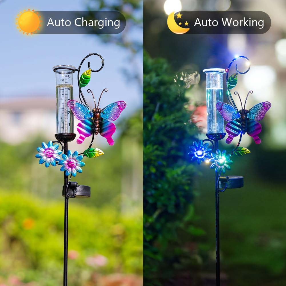 Schmetterlings-Regenmesser mit 12,7 cm Glasrohr, Solar-Regenmesser mit LED-Lichtern, Regenwassermessgerät Dekor für Terrasse, Garten, Hof, Messung von Niederschlag