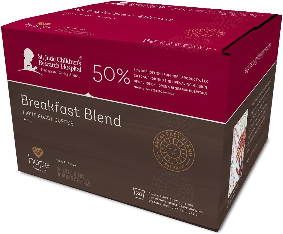 Hope Products Coffee, BREAKFAST BLEND, 36 Count-Single Serve Cups,50% of Profits go to St. Jude Children's Research Hospital