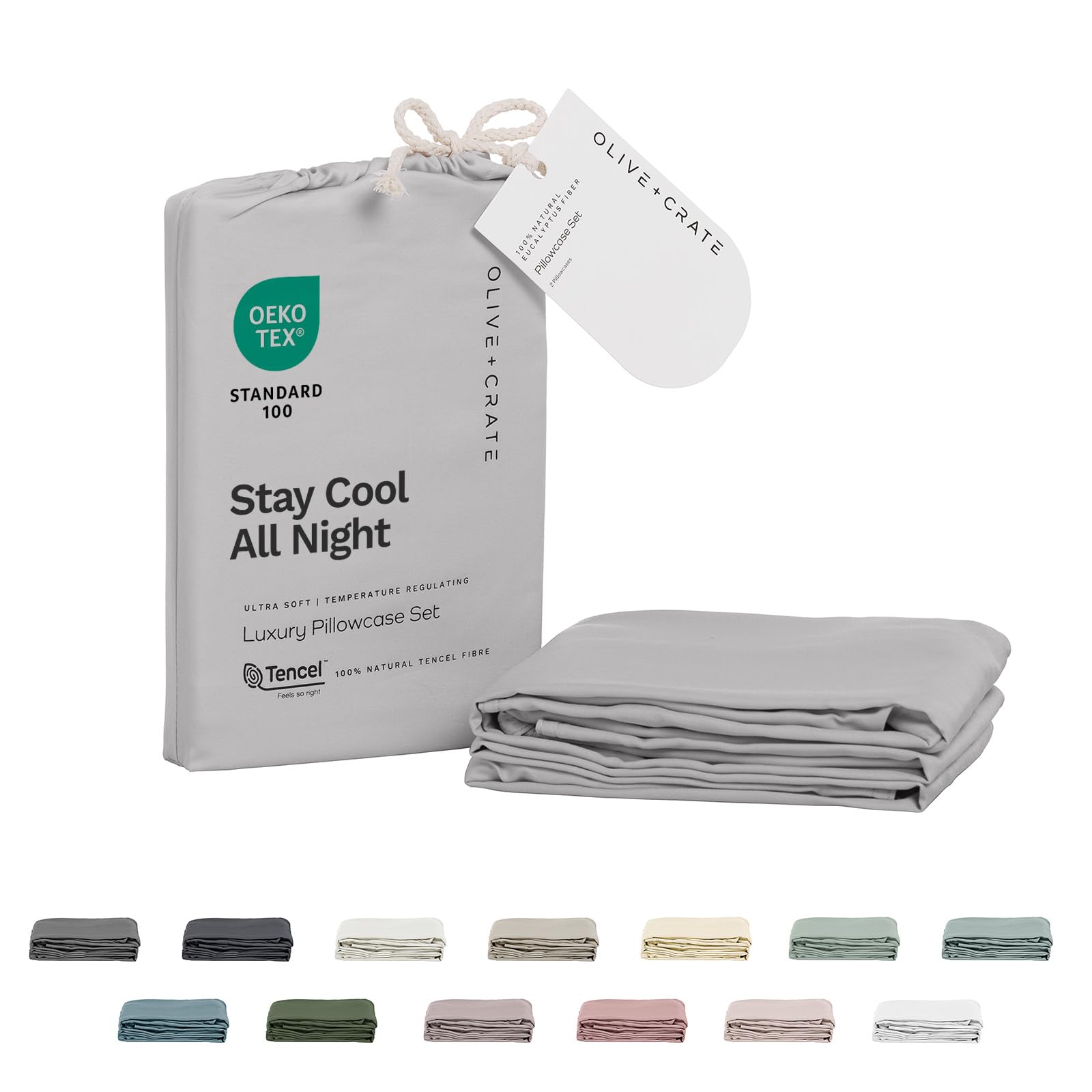 Olive + Crate Tencel Eucalyptus Pillowcases - 100% Tencel Lyocell Cooling Pillow Cases for Hot Sleepers - Hypoallergenic, Moisture-Wicking, Silk Alternative, Vegan - King Size Set of 2 [Moss]: Gray Mist King