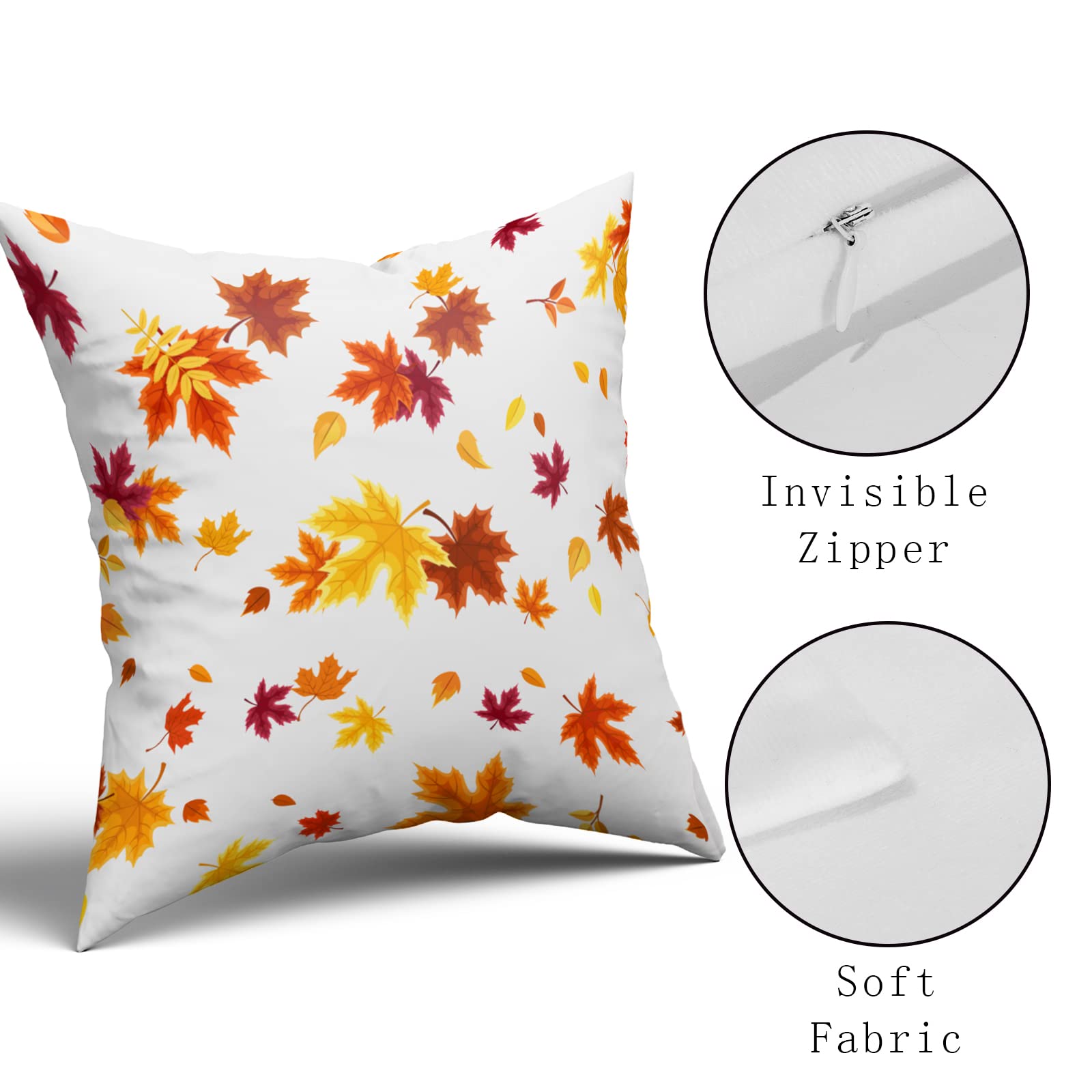 2 Federe Per Cuscini Decorative Autunnali, 45x45 Cm, In Misto Lino, Con Motivo Hello Fall Leaves Arancione, Cerniera Nascosta, Per Divano E Casa