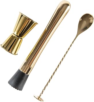 JNWINOG 3-Pcs Gold Muddler & Mixing Tools Set, 10" Muddler, 12" Cocktail Spoon & 1 oz/2 oz Double Jigger, Bar Tool Set for Beverages