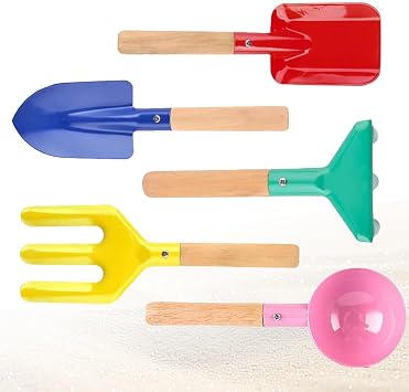 Beach Toys,5 Pcs Children Beach Sandbox Toys,8 Kids Gardening Set Metal Garden Tools with Sturdy Wooden Handle,Safe Kids Shovel with Spoon, Fork, Rake, Flat Shovel & Pointed Shovel