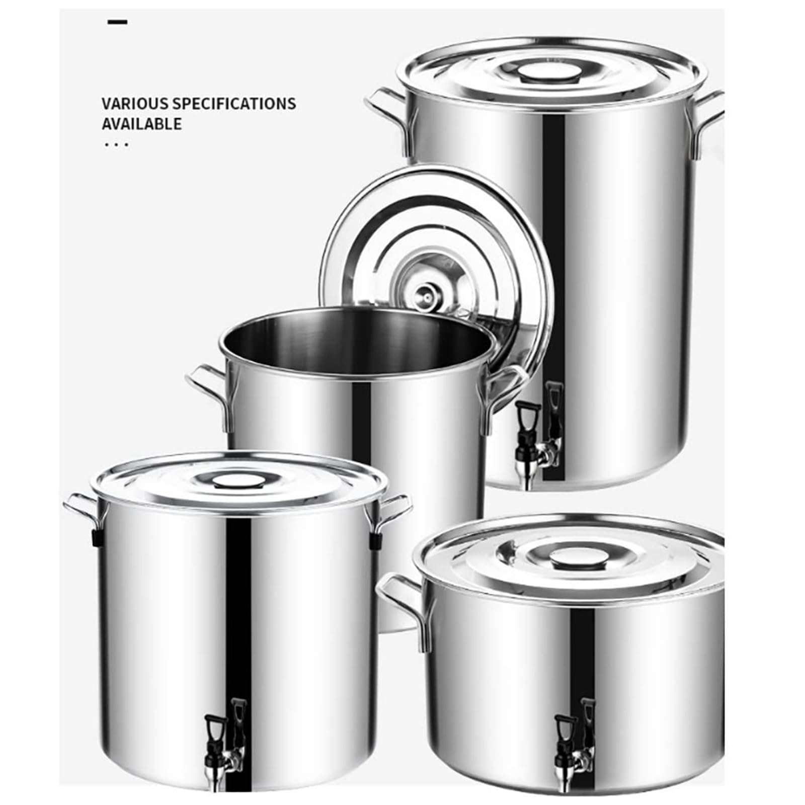 Pentola in acciaio inox con coperchio, fondo composito, capacità 5-90 l, ideale per cucinare e servire zuppe, lattina per latte addensato con rubinetto