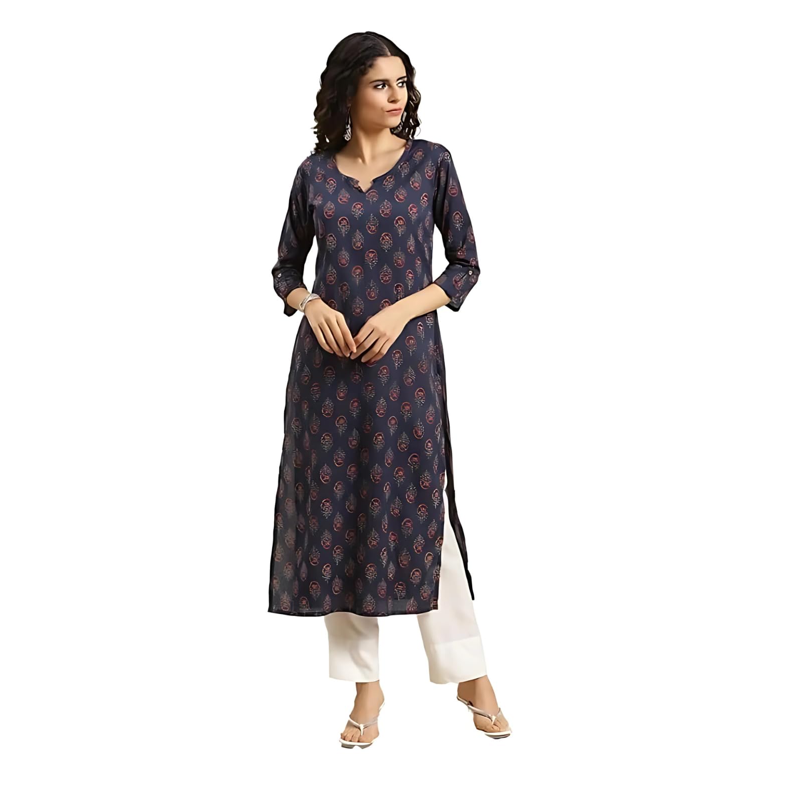 Varanga Women Navy Blue Ethnic Motifs Straight Kurta  Round Neckline With V Notch, 3/4Th Sleeves, Side Slit, Printed Design, Comfortable & Stylish Indian Wear (Small)