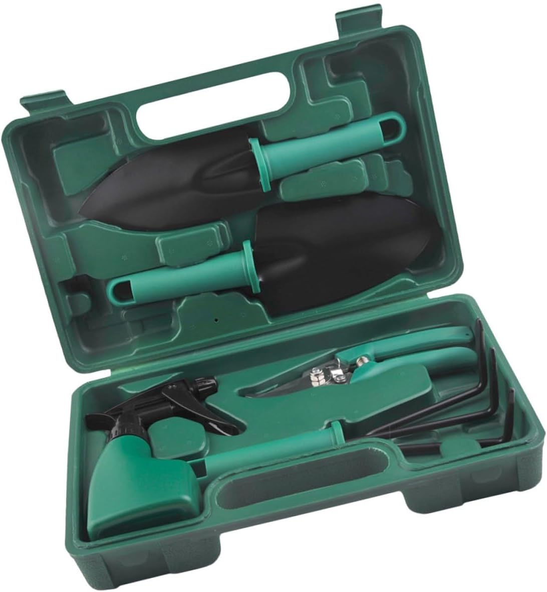 5pcs Gardening Tool Set with Steel Shovel, Rake, Pruning Shears in Portable Toolbox for Outdoor Planting and Flower Care