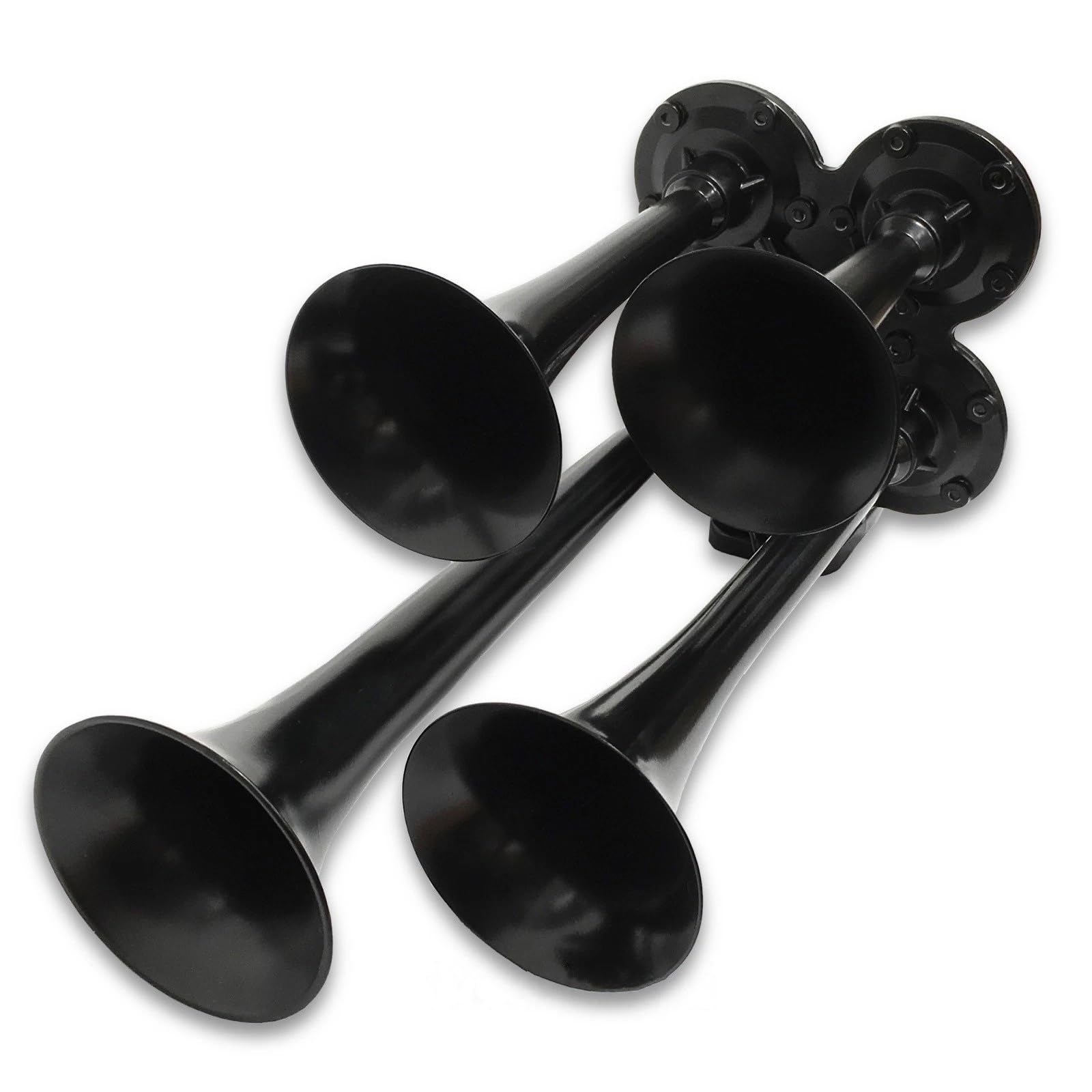 Train Air Horn Quad 4 Black Trumpets with Heavy-Duty Electric Solenoid