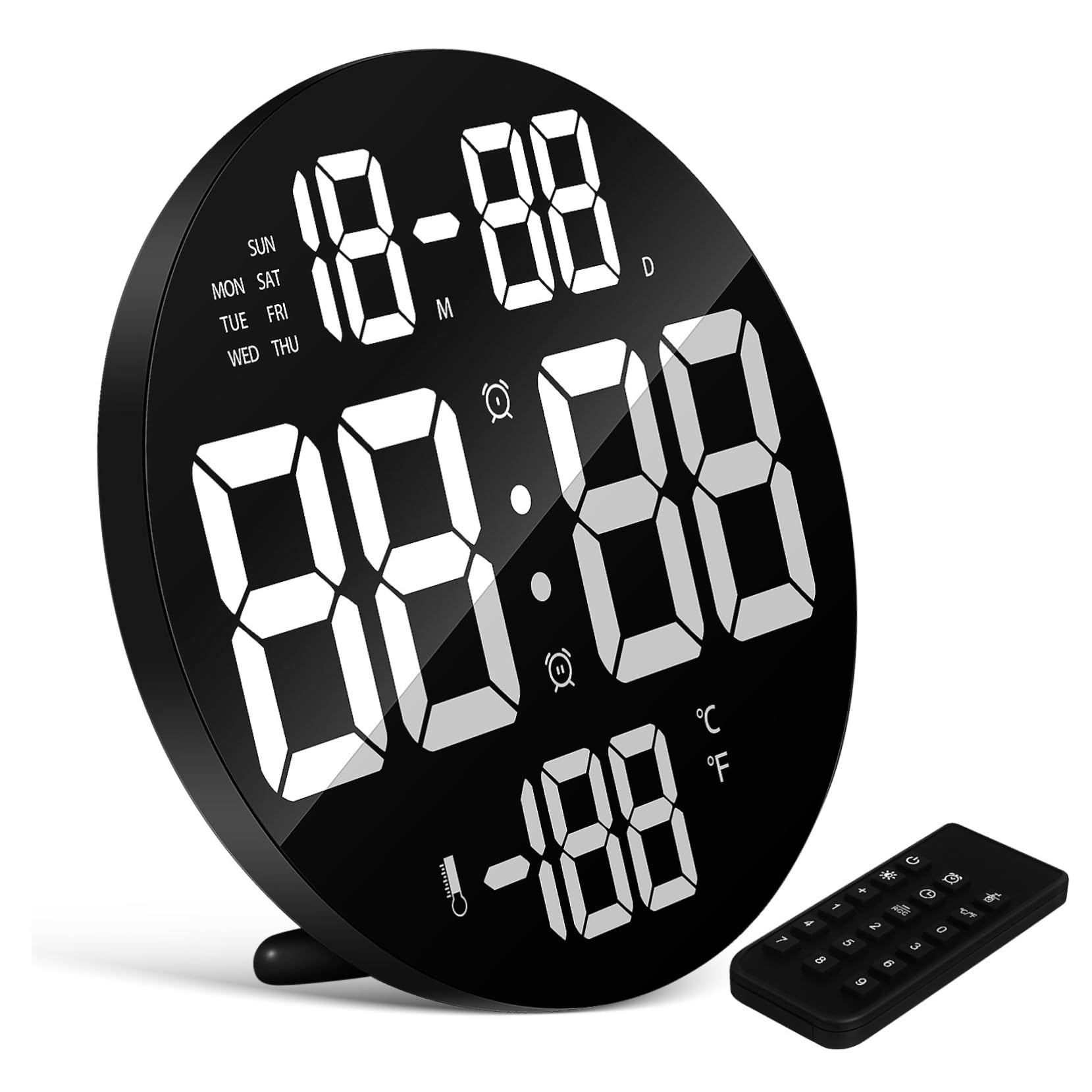 Gatuida Digitale Led Wanduhr Rund Mit Fernbedienung Großes Display Datum Temperatur Anzeige Abnehmbarer Ständer Batteriebetrieben Für Wohnzimmer Schlafzimmer