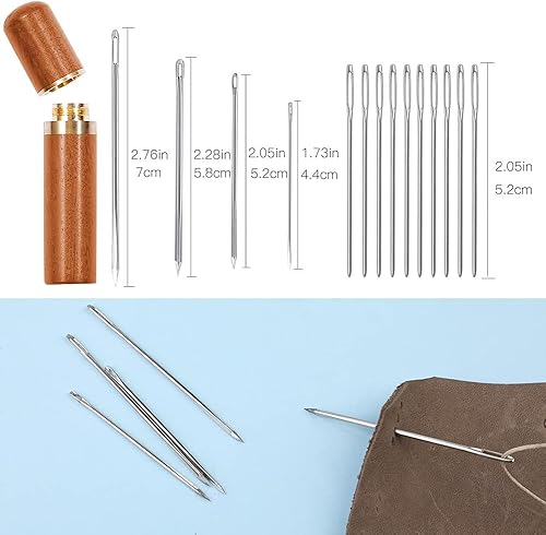 Miniatura 3 de BUTUZE, alicates de mano de cuero silencioso de 0.157 pulgadas (4 dientes franceses y 2 dientes) con aguja de cuero, estuche de aguja de madera,