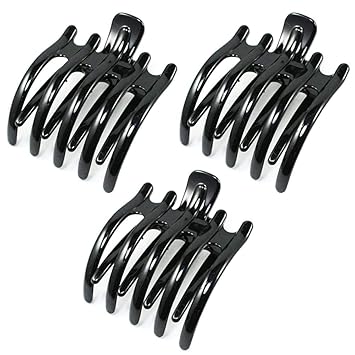 3 Pack Black Glossy Prongs Claw Hair Clips Bun Hair Grips with 9 Teeth No Slip Hair Combs Hairpins Hair Accessories