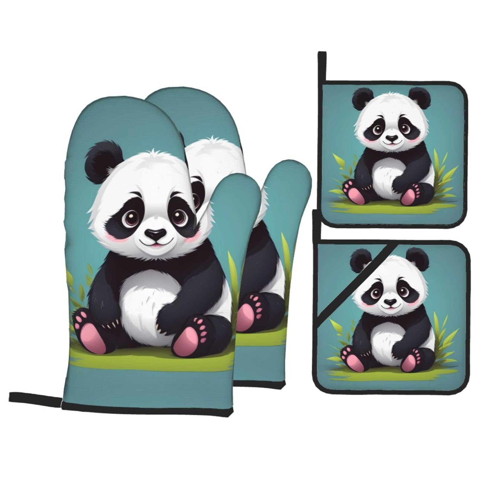 HJFCZH Cute Panda Animal Picture Kitchen Baking Set of 4 Thick Insulated Oven Mitt & Pot Holders, Anti-Scalding for Microwave, Oven, Outdoor BBQ