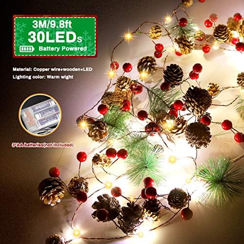 E-More Christmas String Lights with Pine Cone Red Berry Bell, Garland with Lights 3M 30 LED Warm White Battery Operated Indoor Outdoor Decor Light for Valentine's Holiday Table Party Decor