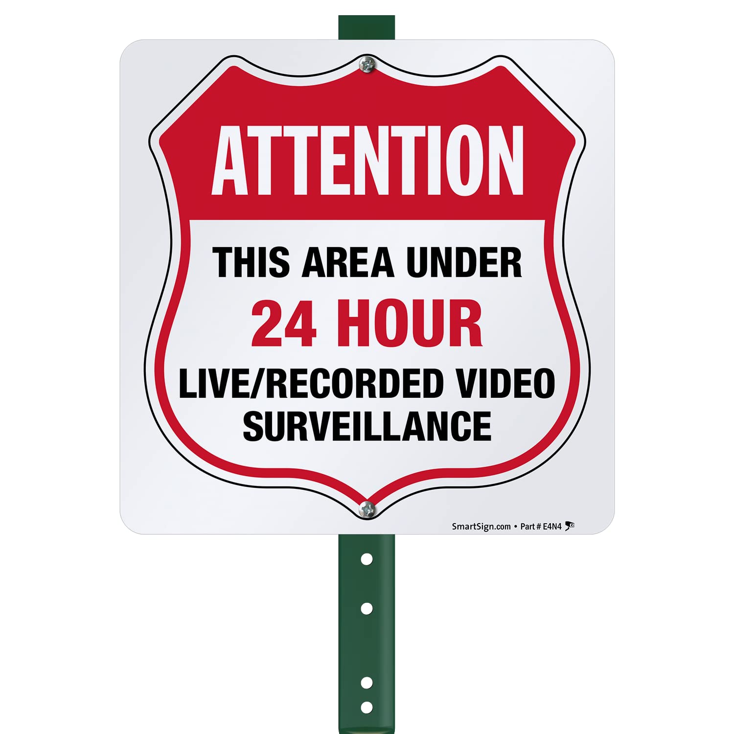 SmartSign 10 x 10 inch “Attention - This Area Under 24 Hour Live/Recorded Video Surveillance” Yard Sign with 3 foot Stake, 40 mil Laminated Rustproof Aluminum, Red, Black and White, Set of 1, USA-Made