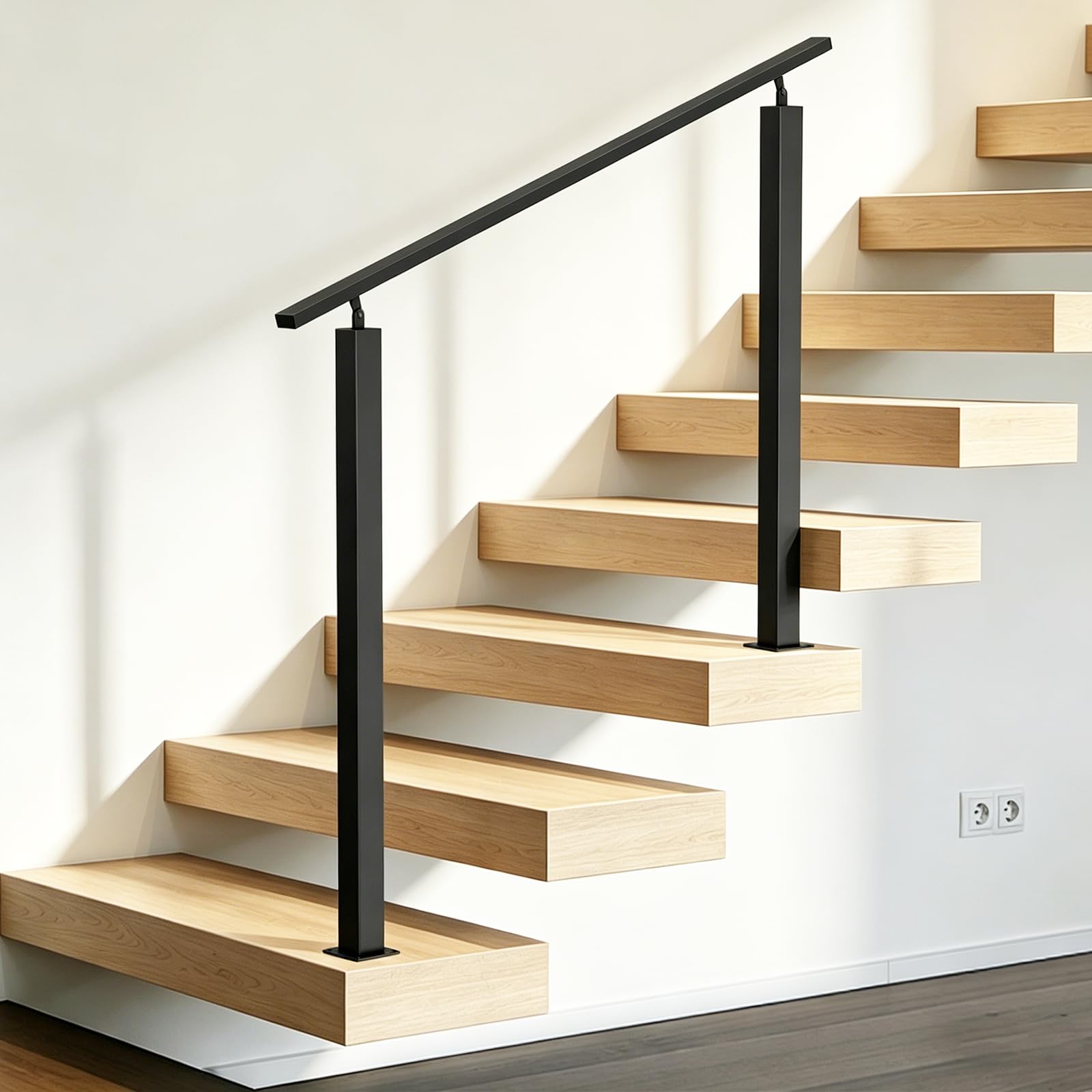 Pasamanos Escalera, Tubo Cuadrado Negro, Barandilla Escalera Exteriores con Ajuste De áNgulo Flexible, Pasamanos De Hierro Forjado para 2-3 Escalones, Interior Exterior (Negro)