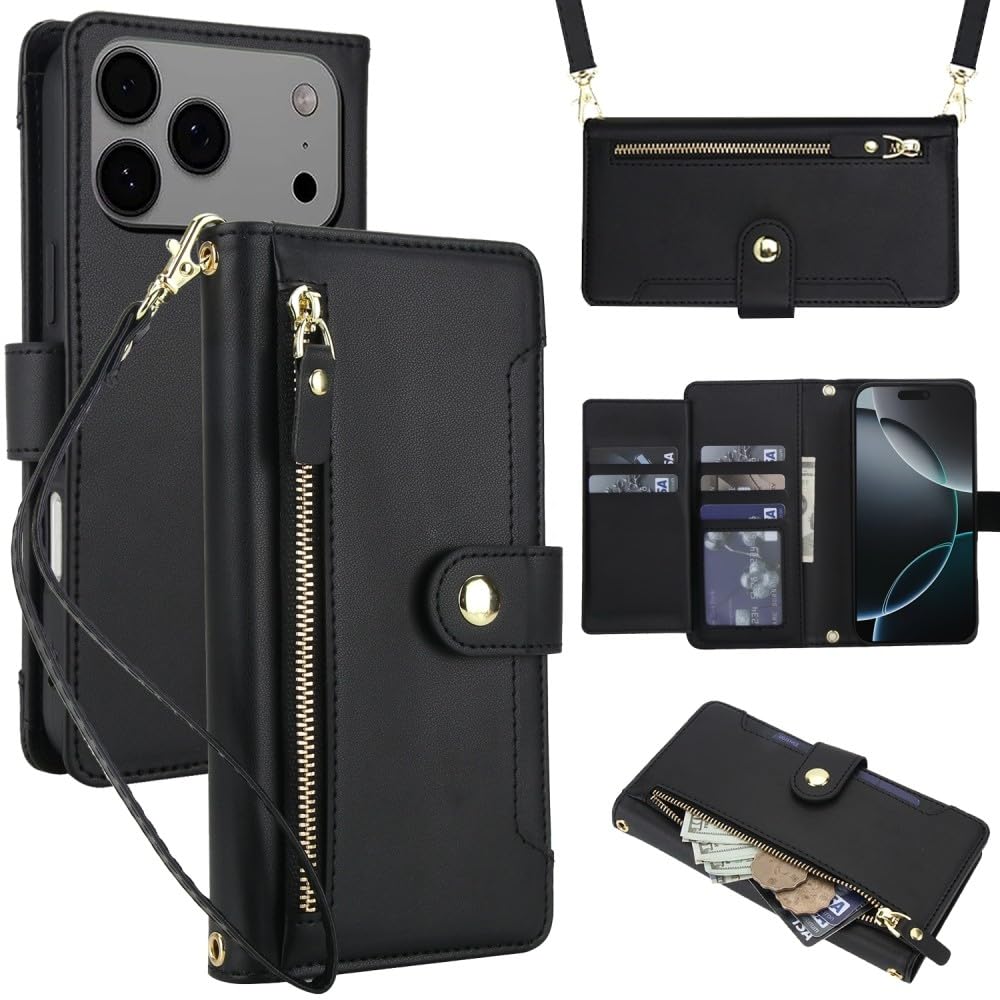 Coque iPhone 16 Pro Max noir rabat cuir véritable zippé amovible - 8
