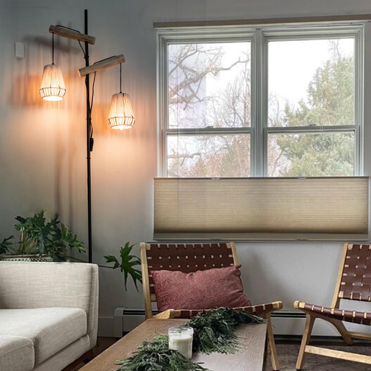 2W-BohoFloor Lamps Boho Farmhouse Hanging Floor Lamp in Natural Cotton Rope,Bohemian Lampshade Handmade Rustic Stylish Floor Lamps for Bedroom Living Room Office Home Décor
