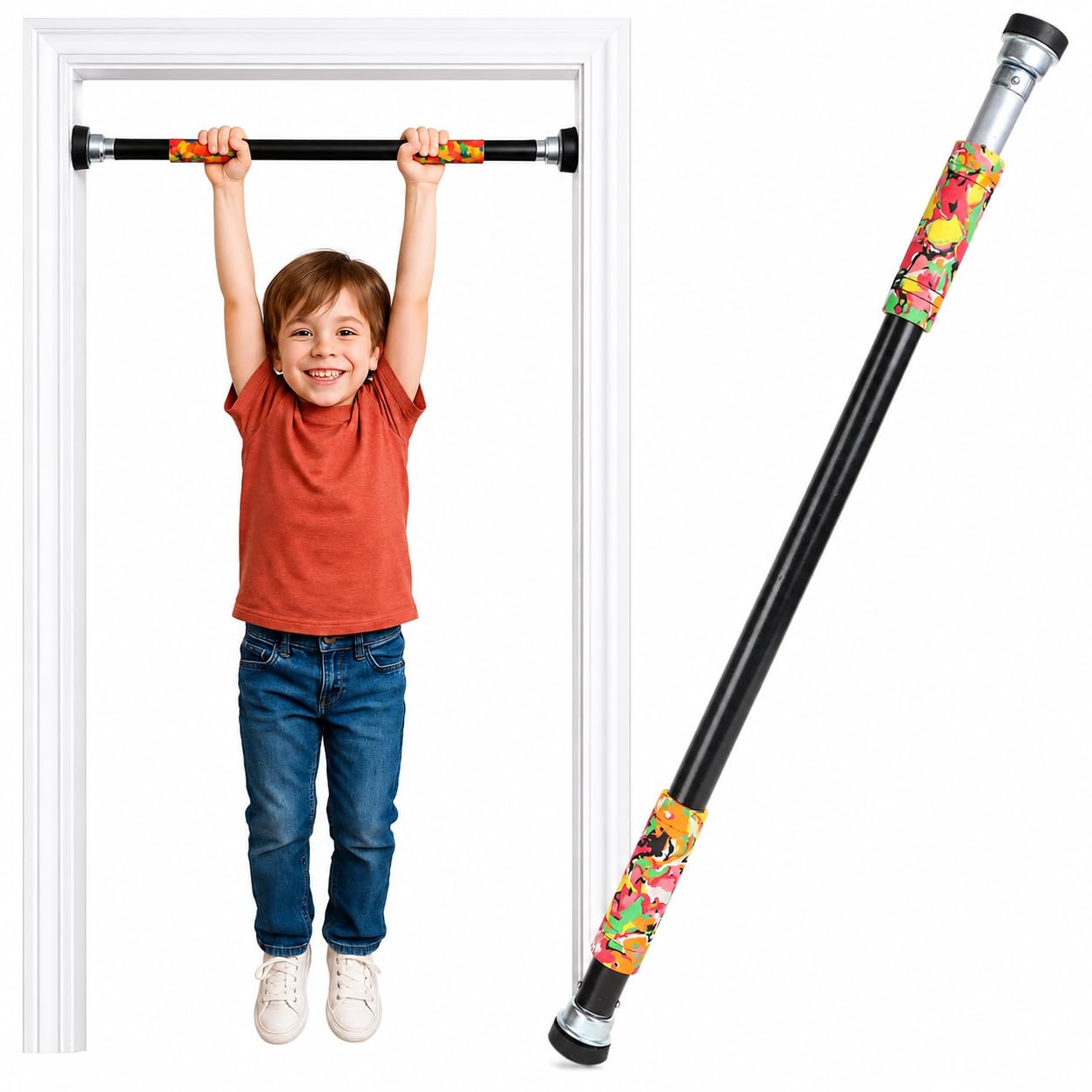 Arrowmax Adjustable Door Pull Up Bar for Kids | No Drill Doorway Hanging Rod with Strong Rubber Vacuum Lock | Heavy Duty Steel Chin Up Bar with Anti-Slip Foam Grip | Home Gym Exercise Bar for Indoor Fitness-image-1