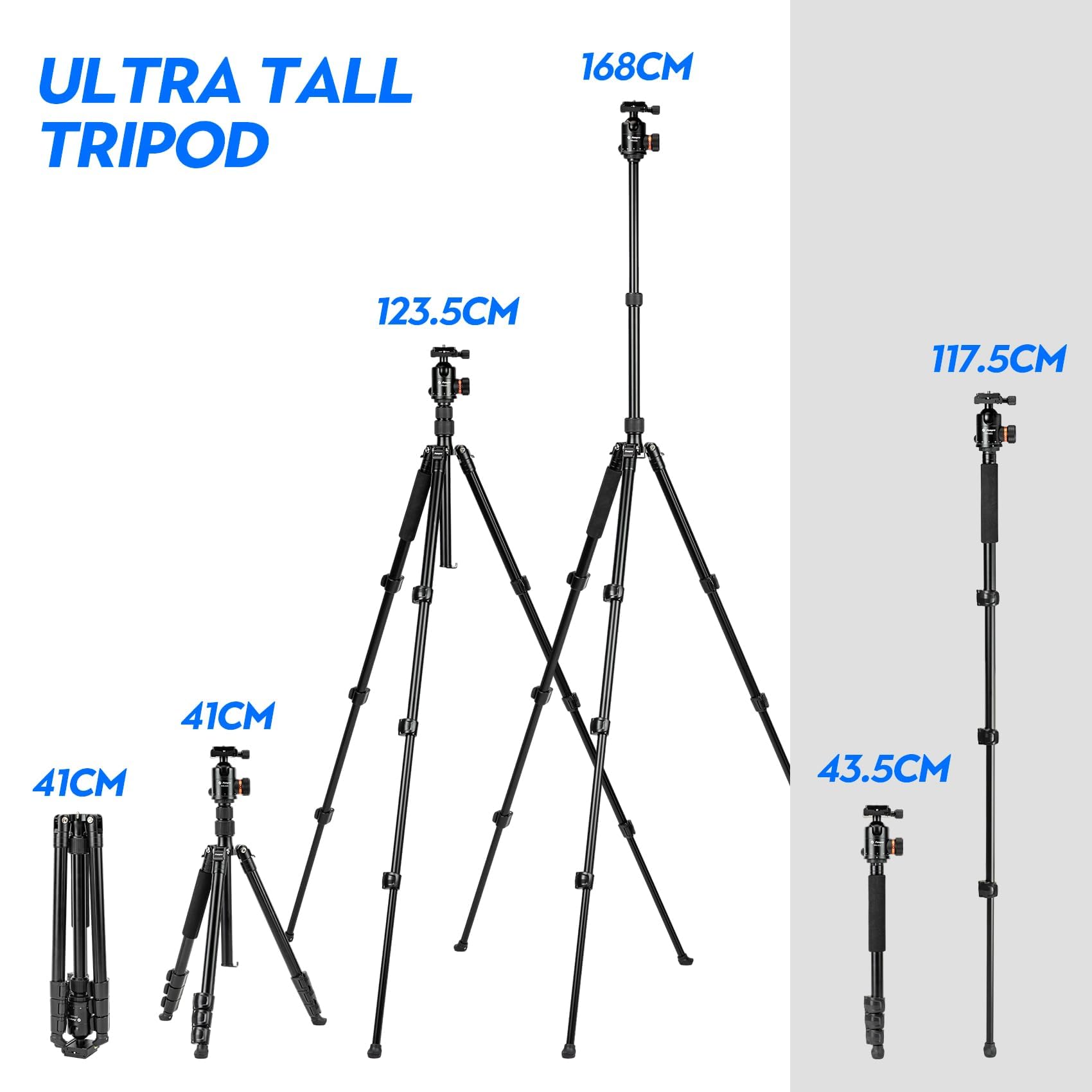 Fotopro Statyw do aparatu 165 cm, aluminiowy statyw podróżny 2 w 1 i noga 360°, zdejmowany statyw jednonożny do lustrzanek cyfrowych, maksymalne obciążenie 8 kg / 17,63 lbs