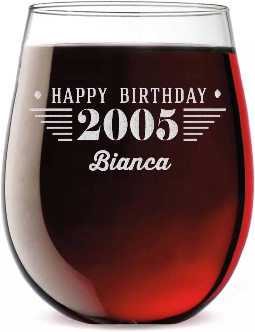 Personalized Vintage 21st Etched 17oz Stemless Wine Glass – Custom 2005 Happy 21st Birthday Gifts for Women, Cheers Turning 21 Year Old, 21 Bday Party Favor, Best Gift Idea Her Finally 21 Daughter 1.0