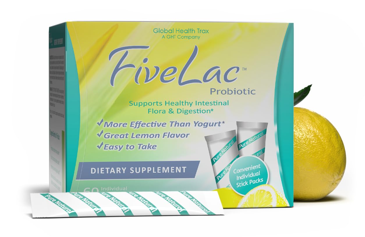 Global Health Trax GHT - FiveLac Lemon Probiotic Powder Drink Mix, Probiotics for Women, Men, Kids - Smooth Digestive Support & Elimination – Relieve Constipation & Gas - 60 Packets, 3.18 Oz, Non-GMO