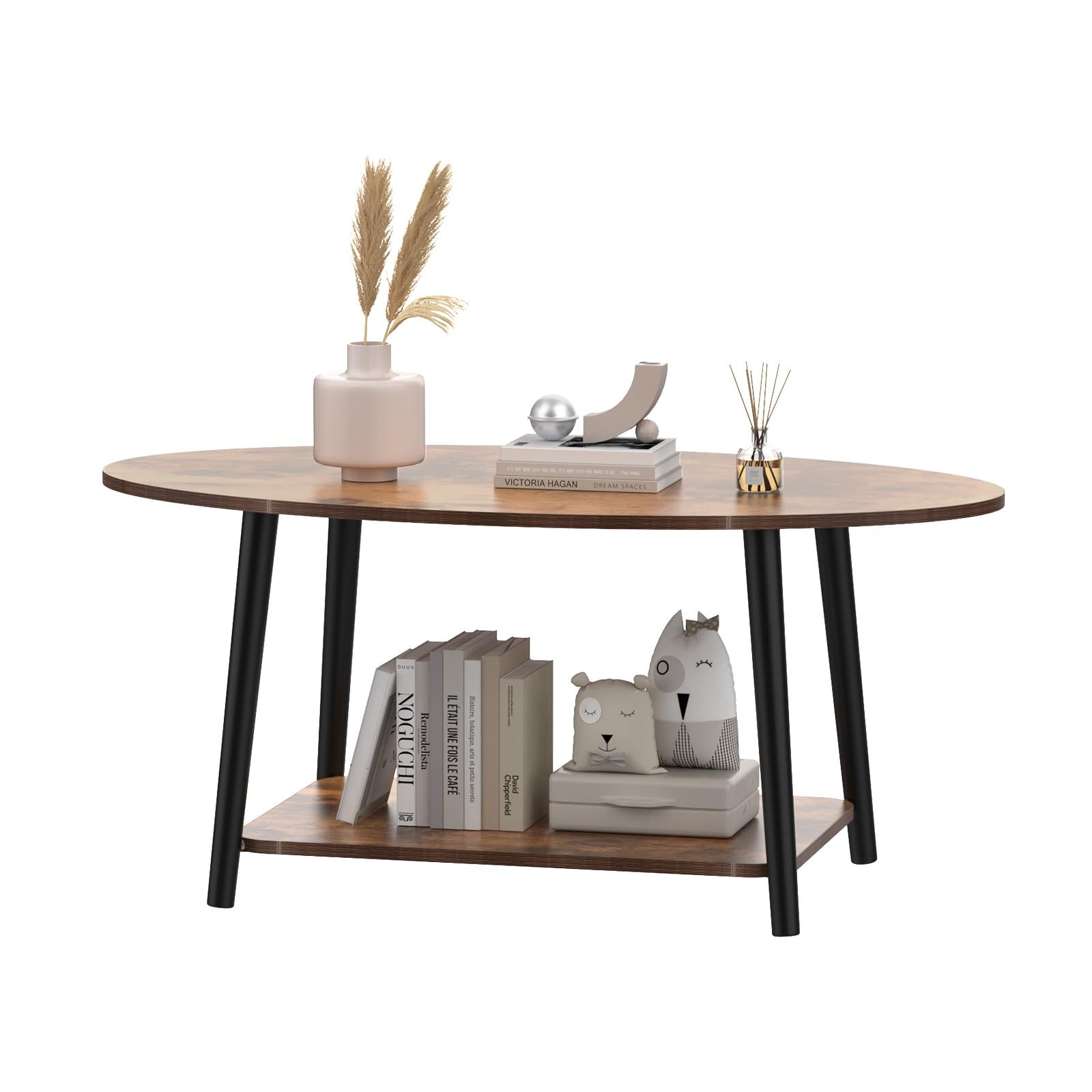 HUOLE Mesa de té de madera, mesa de centro ovalada con estante, muebles de salón, diseño aglomerado, madera de haya, 100 x 53 x 45 cm, madera quemada