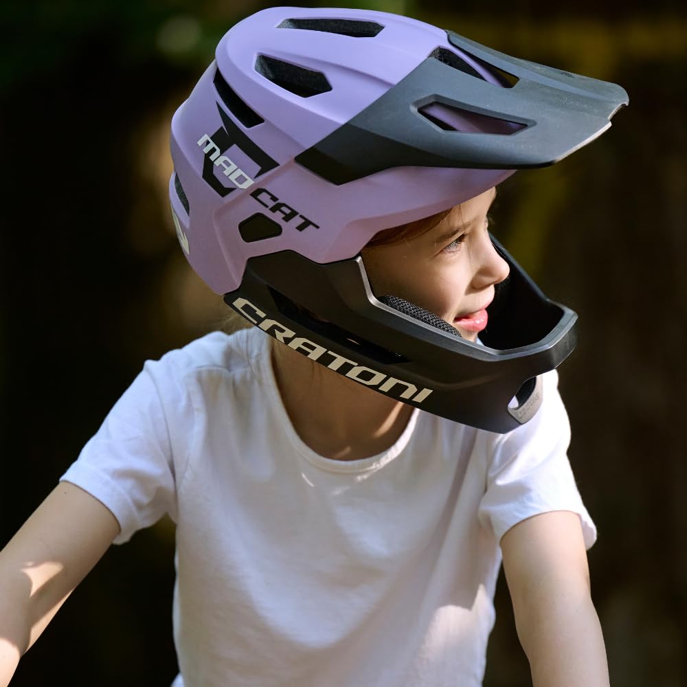 Cratoni Madcat MIPS - Casco de bicicleta para niños, casco integral robusto, casco de bicicleta MTB, casco integral, barbilla, desmontable, tamaño ajustable, incluye luz trasera, unisex, talla S/M (49