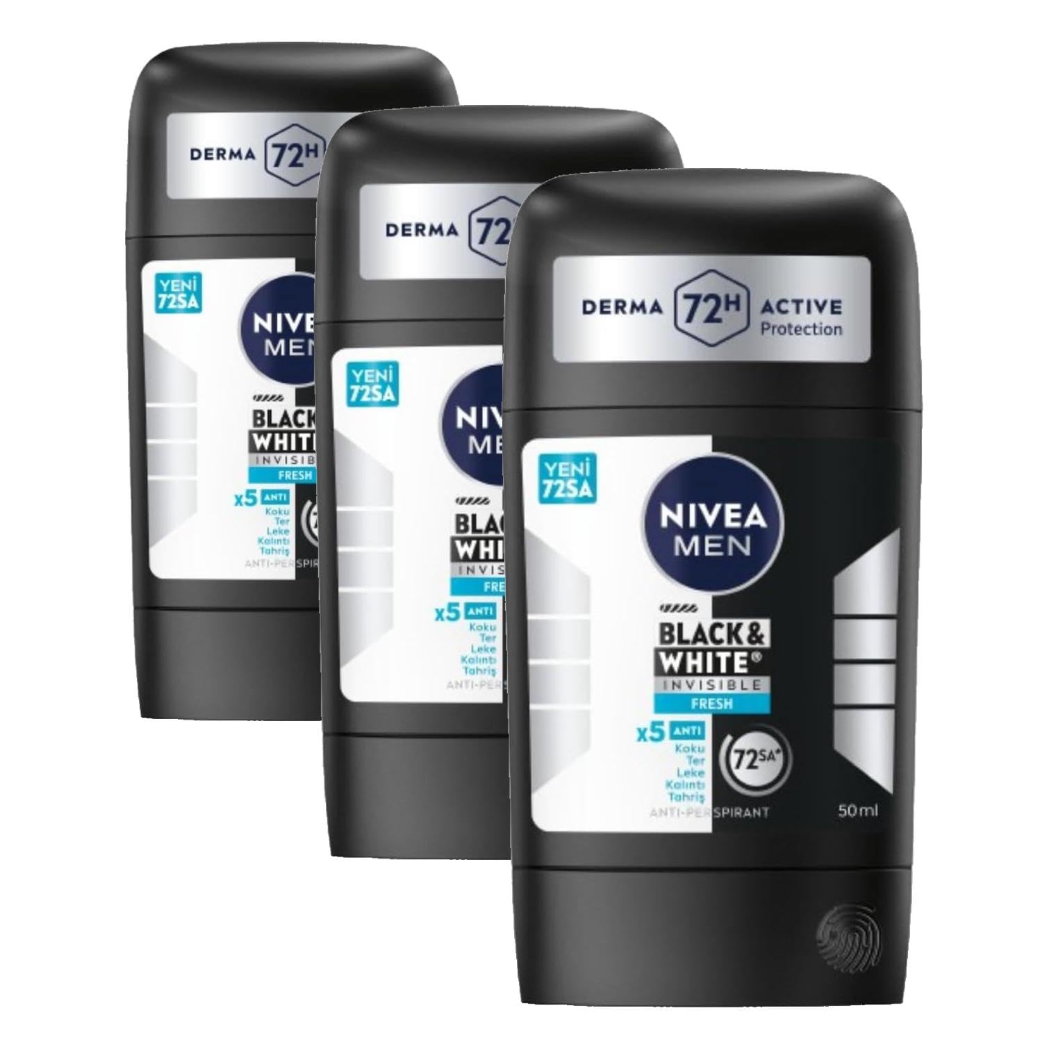 NIVEA Men Erkek Stick Deodorant Black&White Invisible Fresh 72 Saat Anti-Perspirant Koruma, 50 ml (3 paketi)