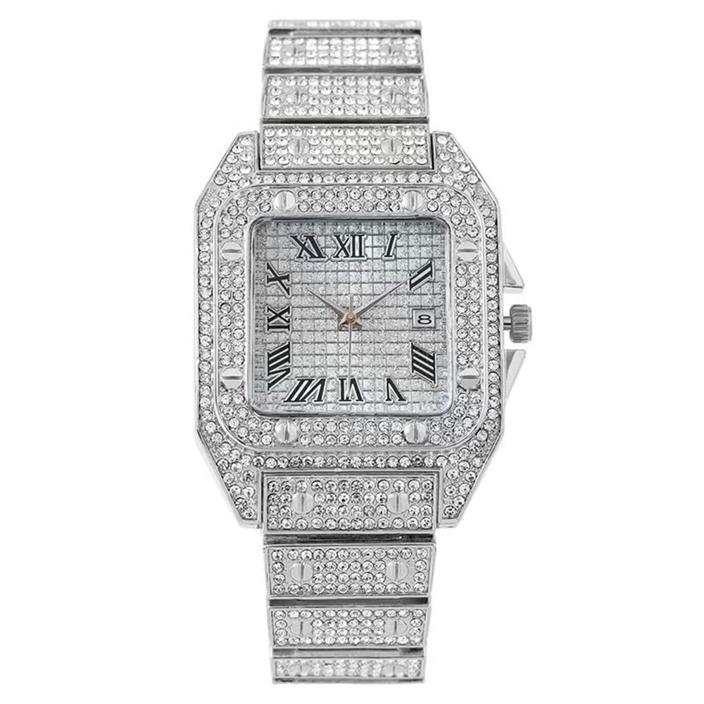 MINILUJIA Luxury Mens Crystal Watch Fashion Full Bling Iced Out Diamond Quartz Analog Watch Men Women Hip Hop Big Dial Square Wristwatch, silver, Luxury (B09Y8GBC74) Amazon Price History, Amazon Price Tracker