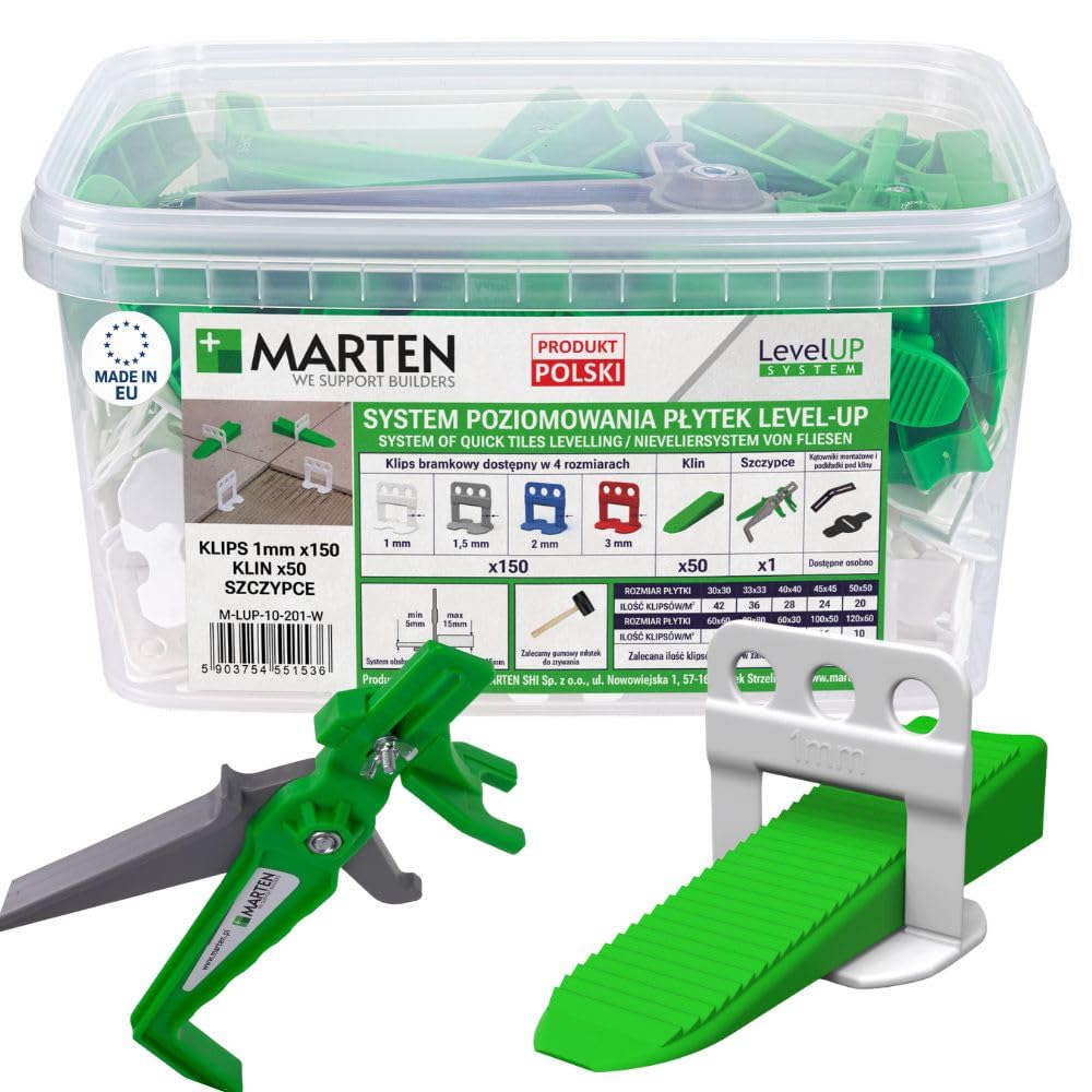 MARTEN Level UP - Set di sistema di livellamento per piastrelle – Supporto per posa con distanziatori e cunei per piastrelle – Set iniziale per un perfetto allineamento delle fughe 1-3 mm – Spessore