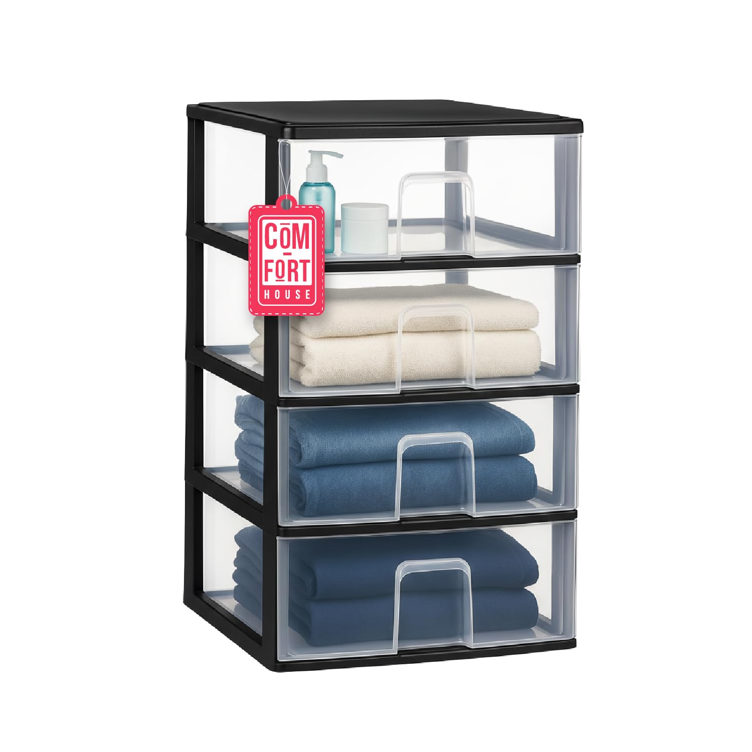 COM-FORT HOUSE | Cassettiera impilabile in plastica | Modello Trasparente | Colore nero | Modello a 4 cassetti | Cassetti modulari
