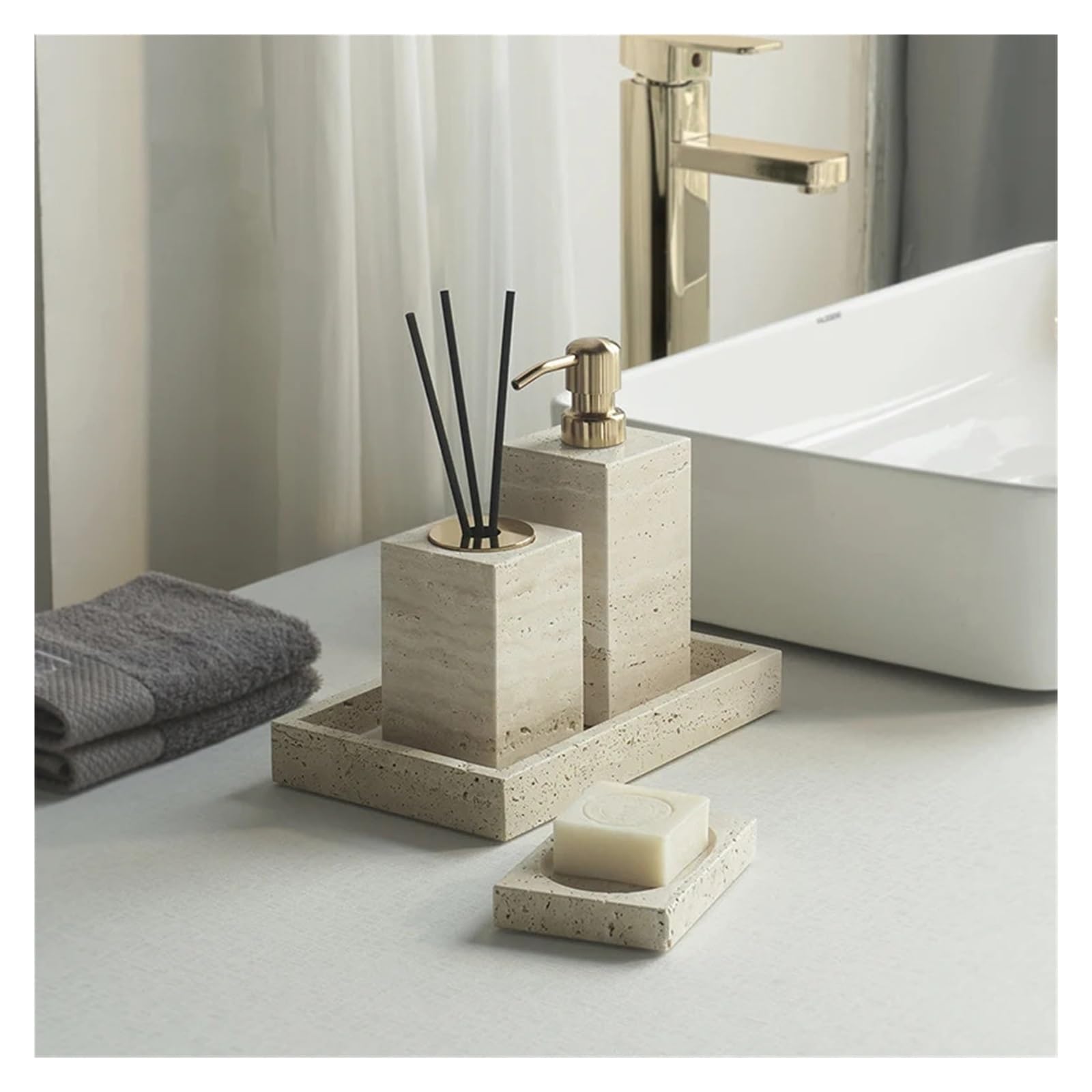 Badezimmer Set Badezimmerset aus Travertin | Luxuriöser Seifenspender, Taschentuchbox, Waschtisch-Tablett, Zubehör(Cup)